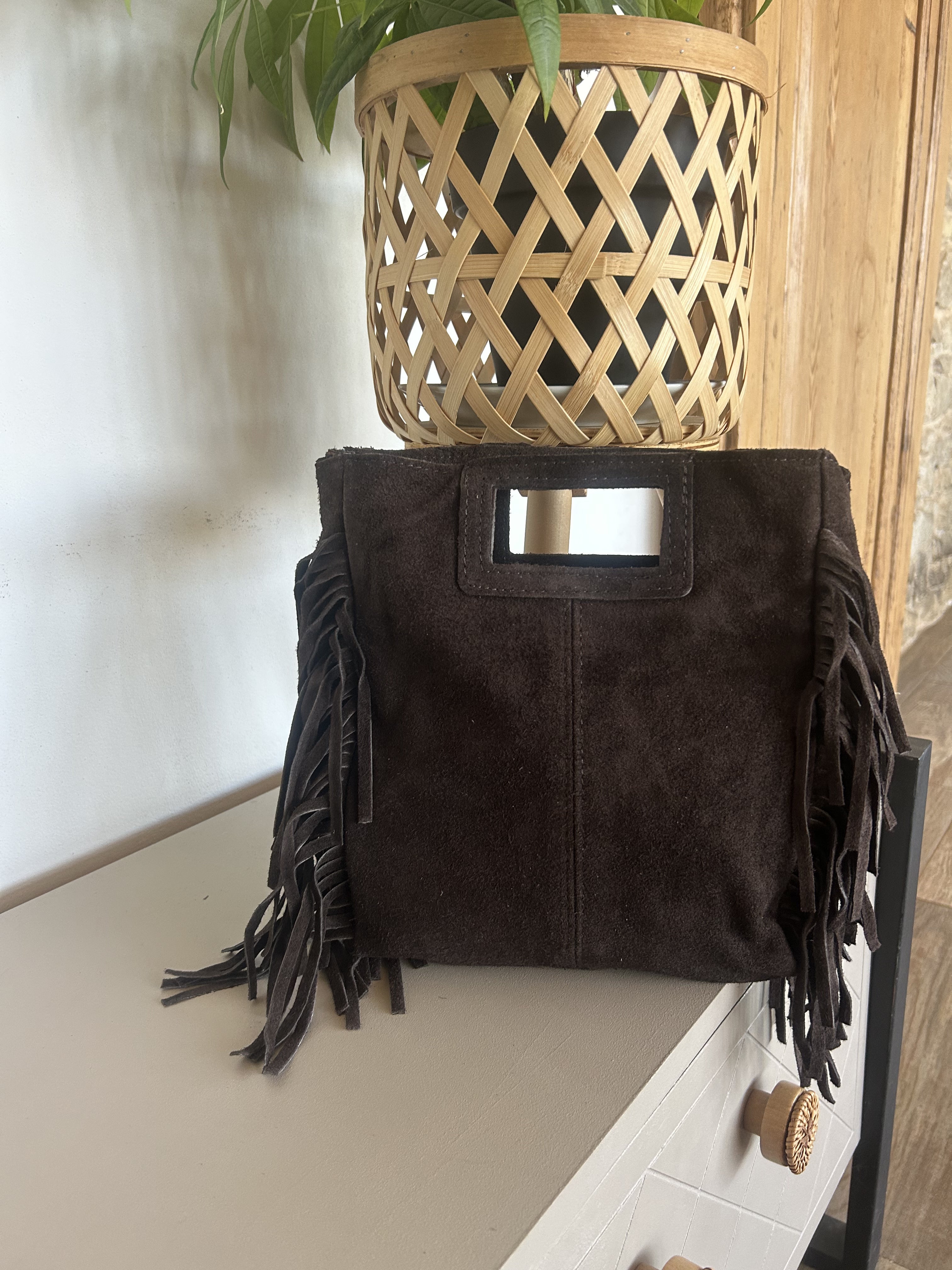 Sac Bohème Daim Véritable à Franges Chocolat — Lunea