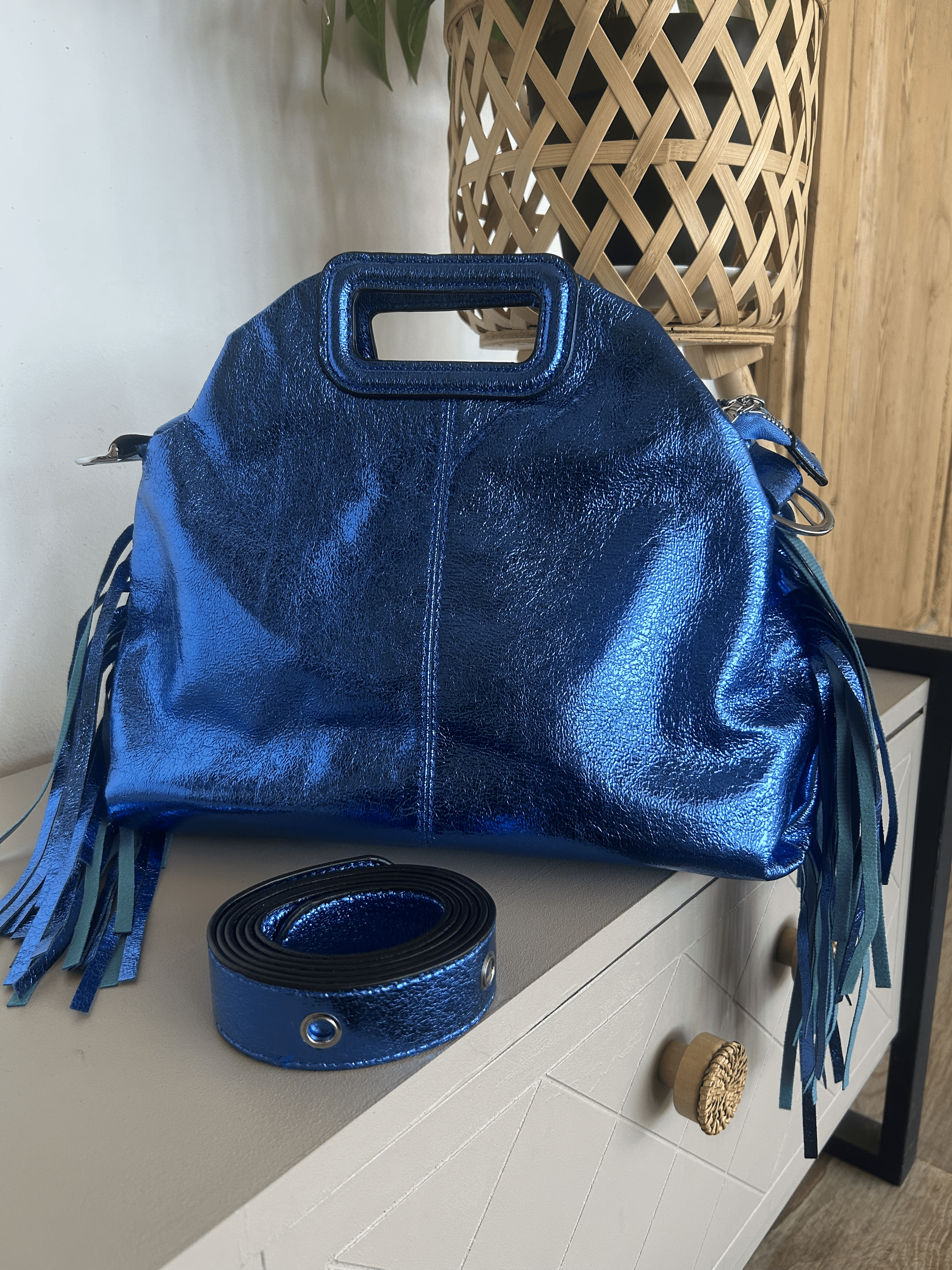 Sac Bohème à Franges Cuir Véritable Bleu — ELORA Lunea