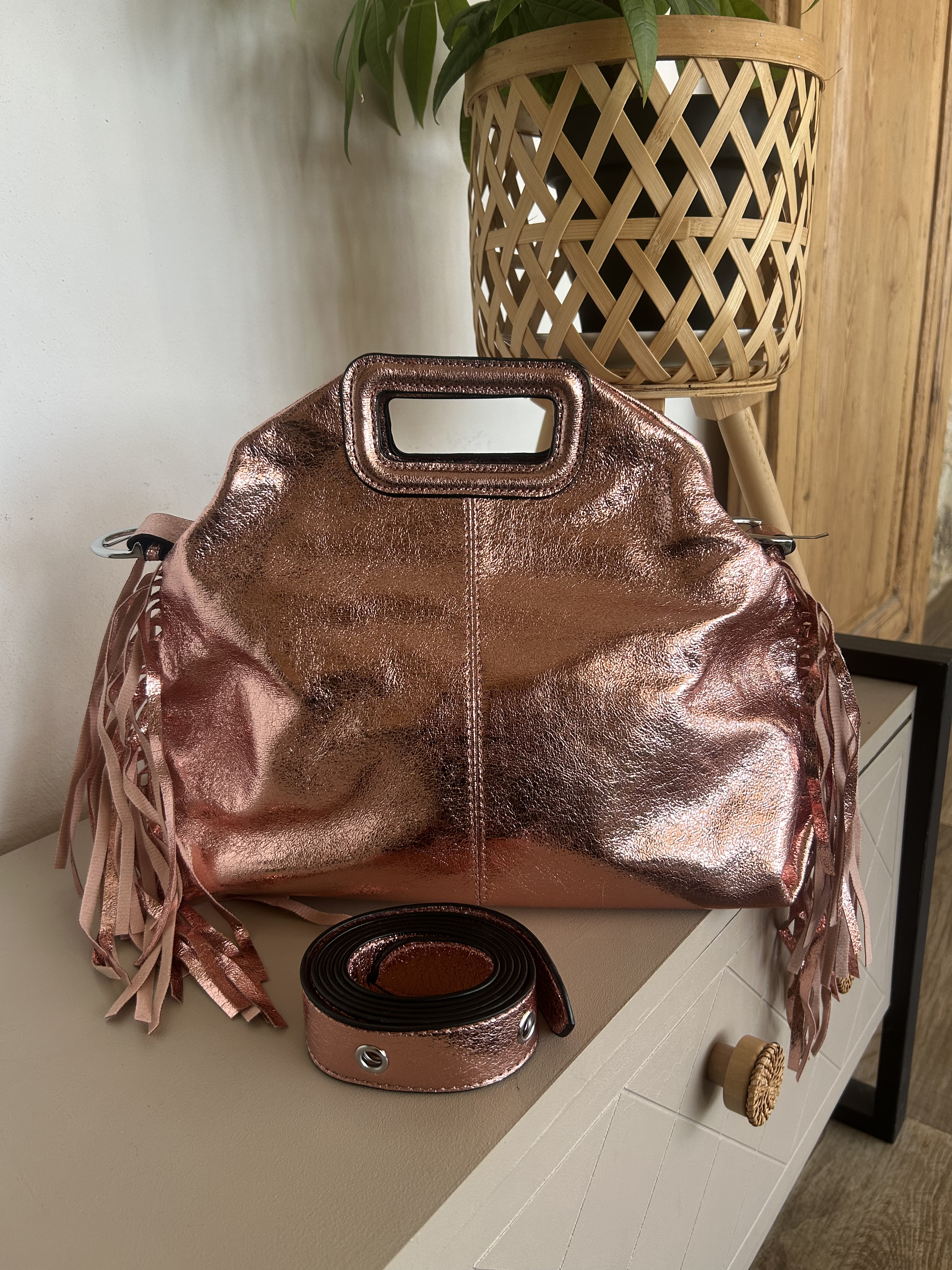 Sac Bohème à Franges Cuir Véritable Rose Bronze — ELORA Lunea