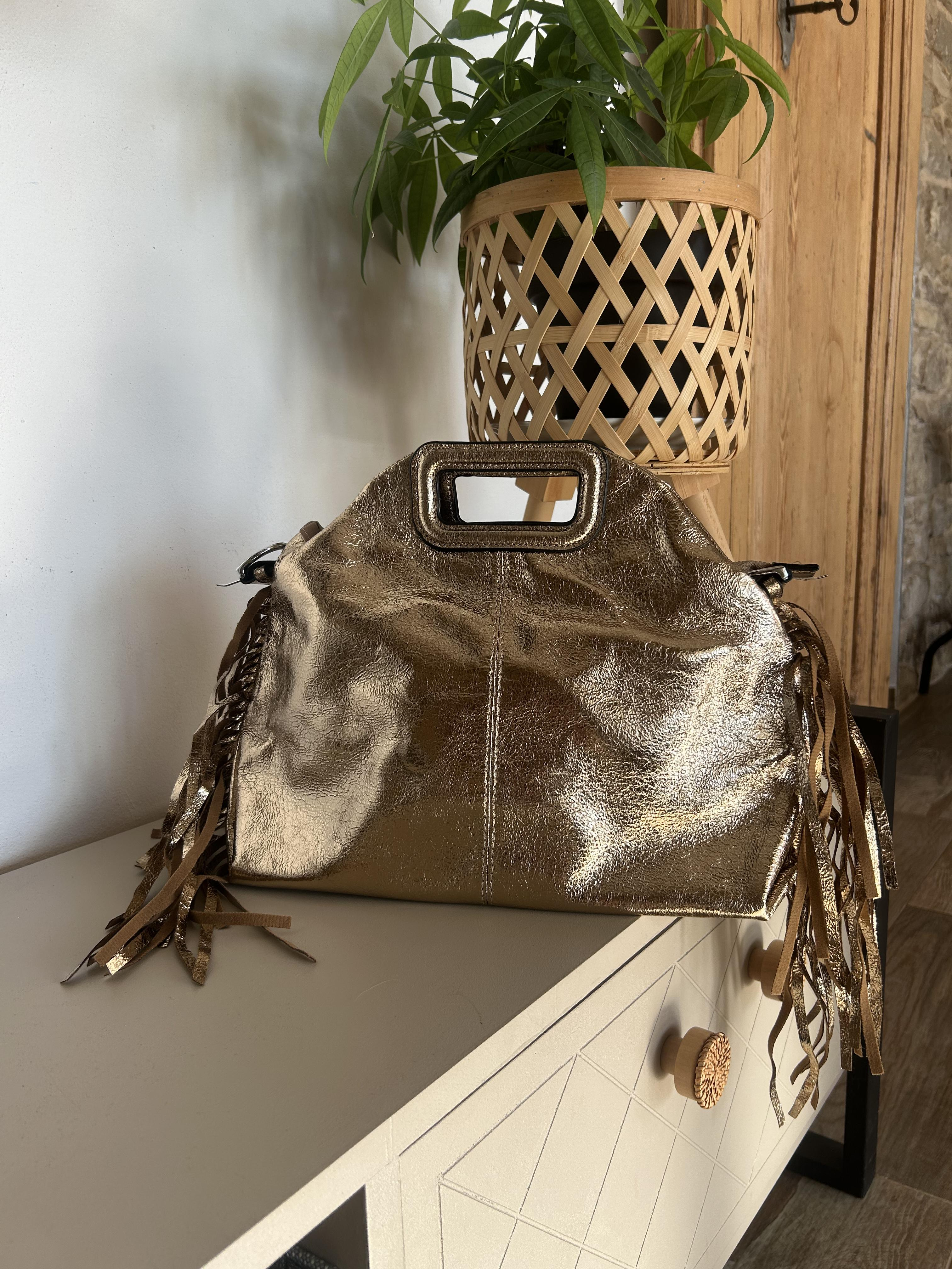 Sac Bohème à Franges Cuir Véritable Doré — ELORA Lunea