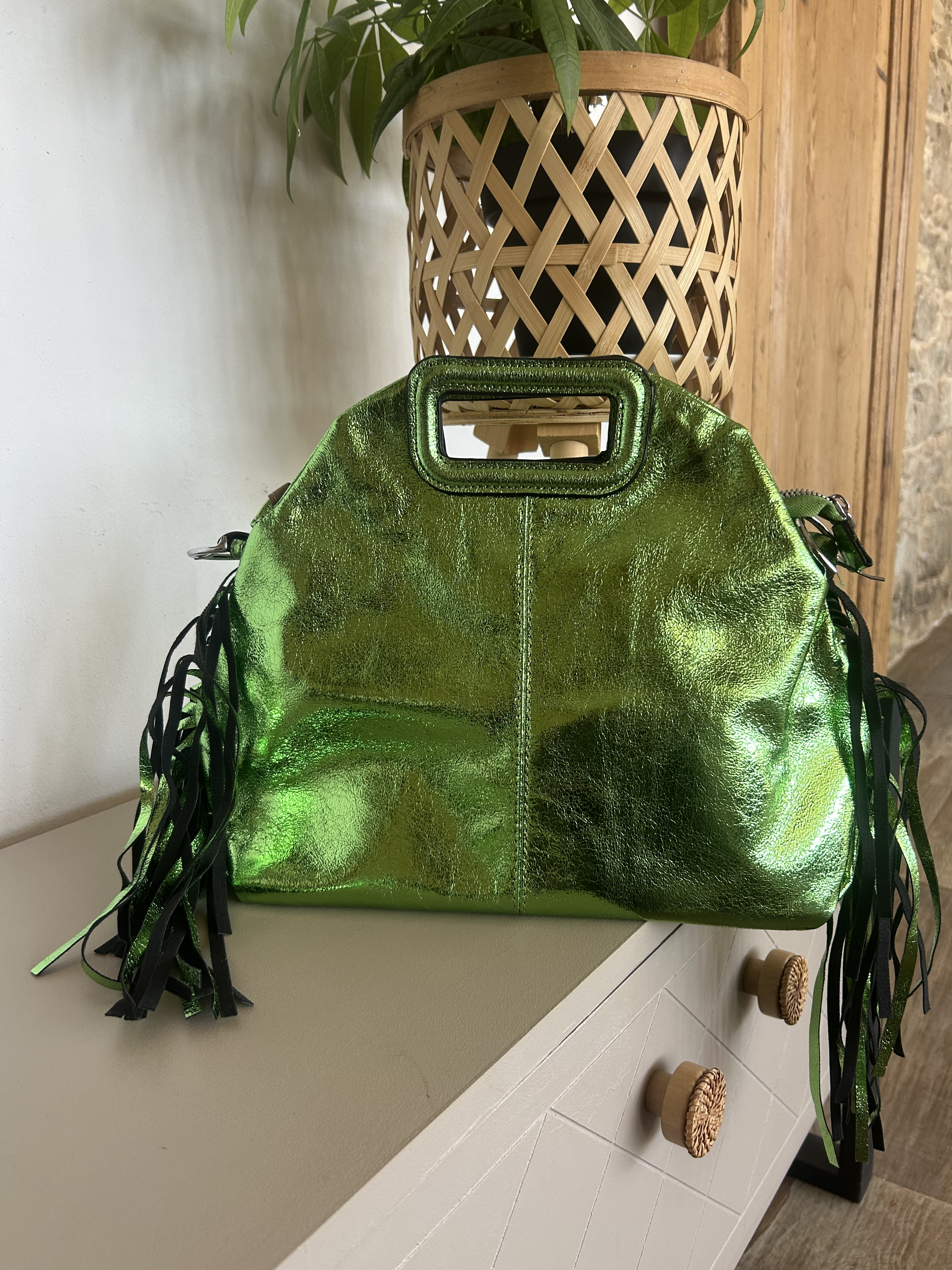 Sac Bohème à Franges Cuir Véritable Vert — ELORA Lunea