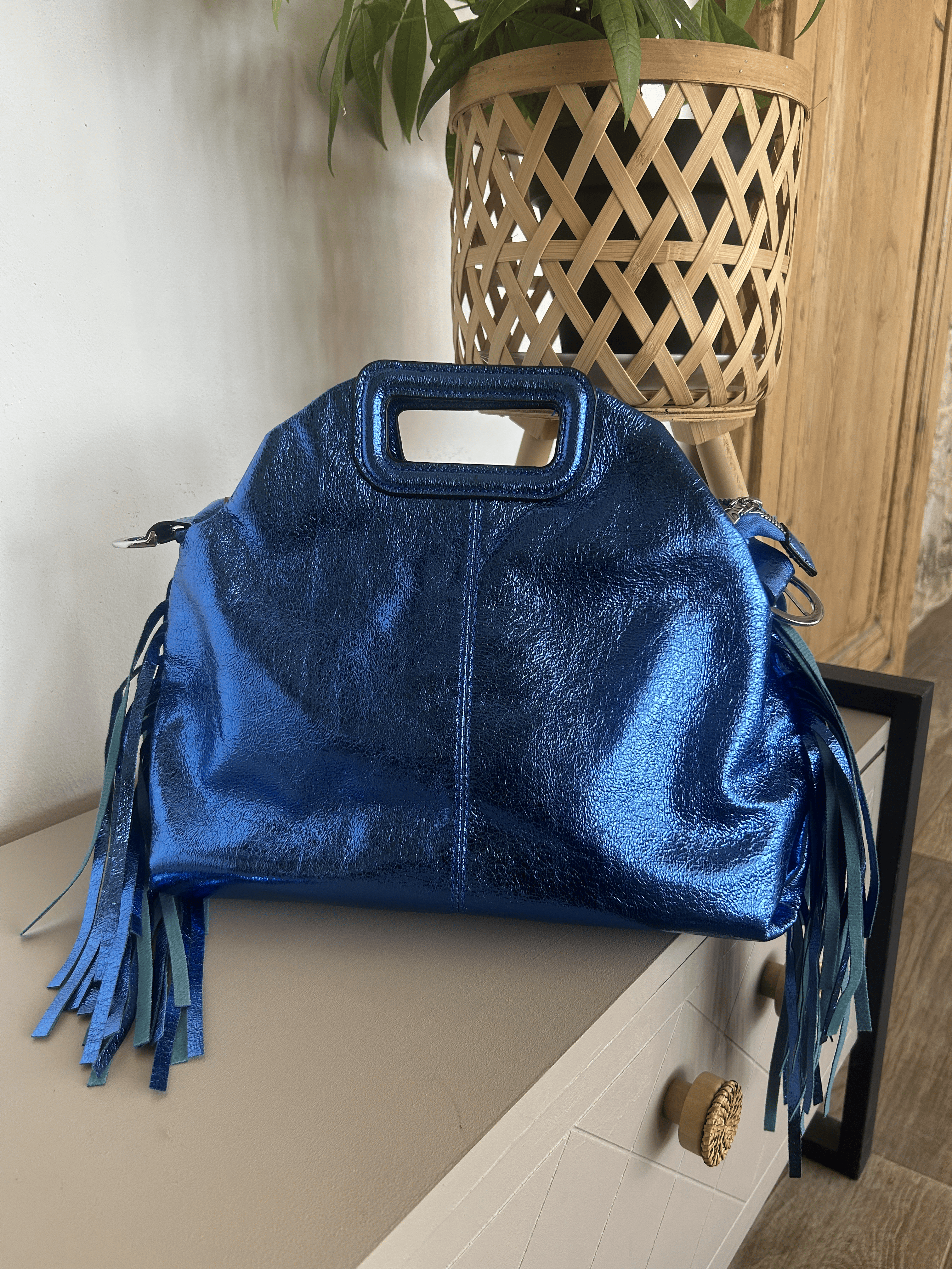 Sac Bohème à Franges Cuir Véritable Bleu — ELORA Lunea