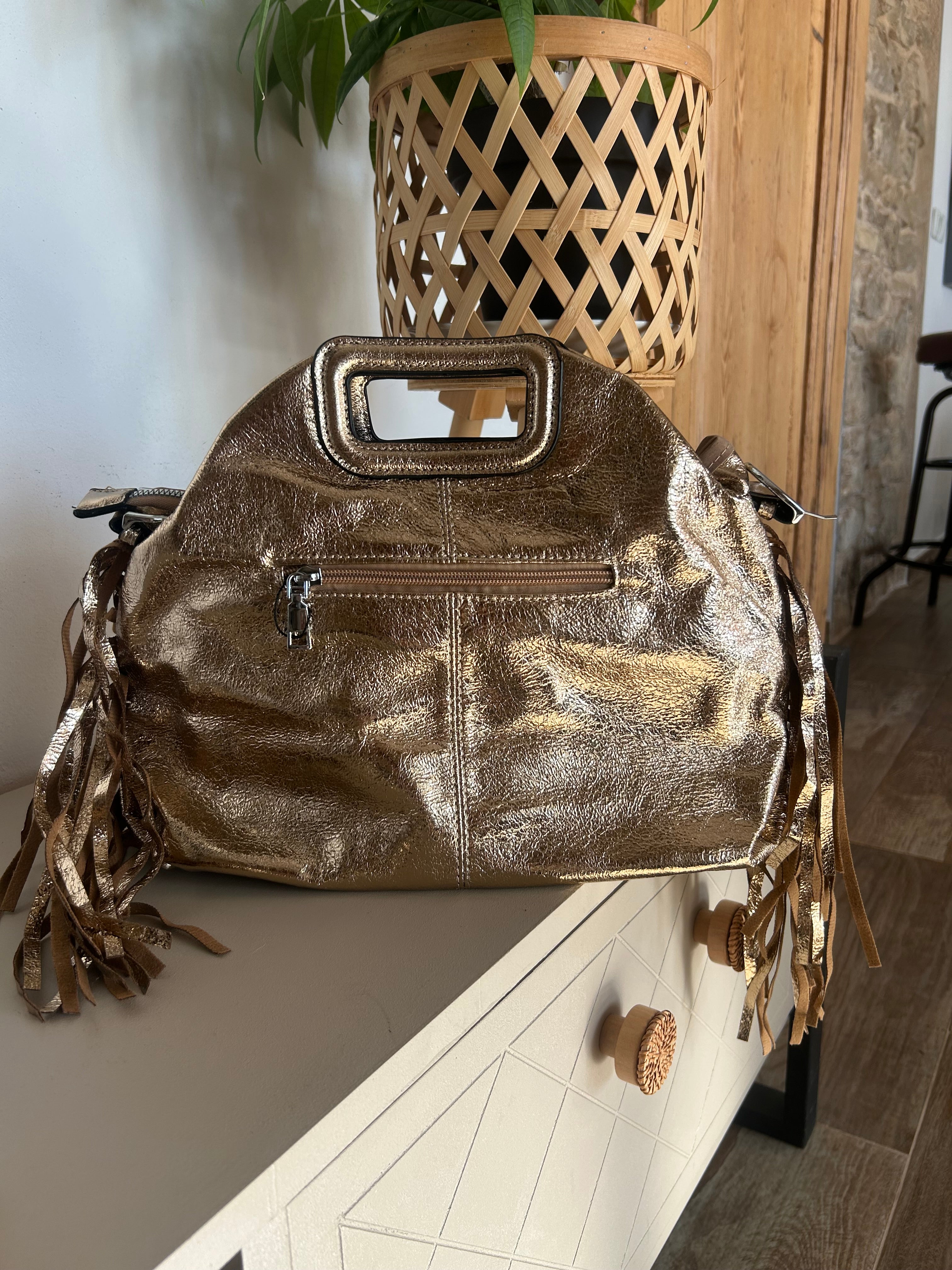 Sac Bohème à Franges Cuir Véritable Doré — ELORA Lunea