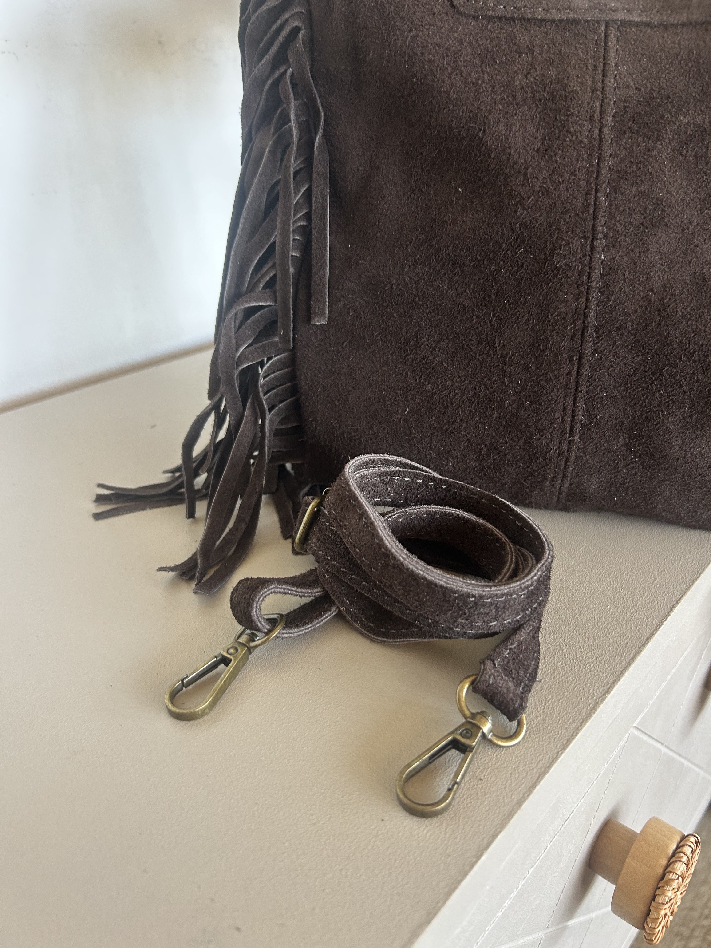 Sac Bohème Daim Véritable à Franges Chocolat — Lunea