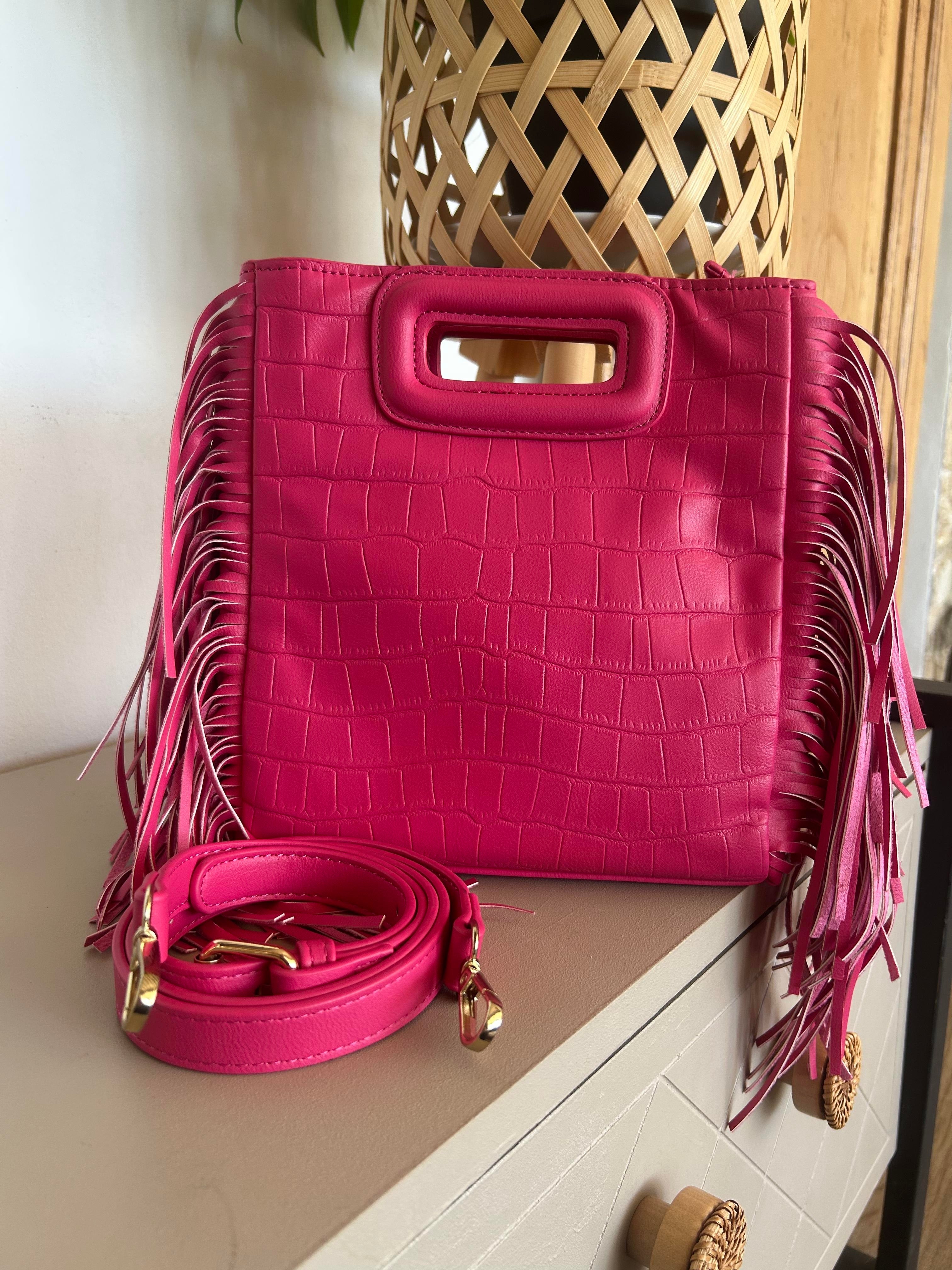 Sac Bohème à Franges Rose Vif Effet Croco — Rosalia Lunea