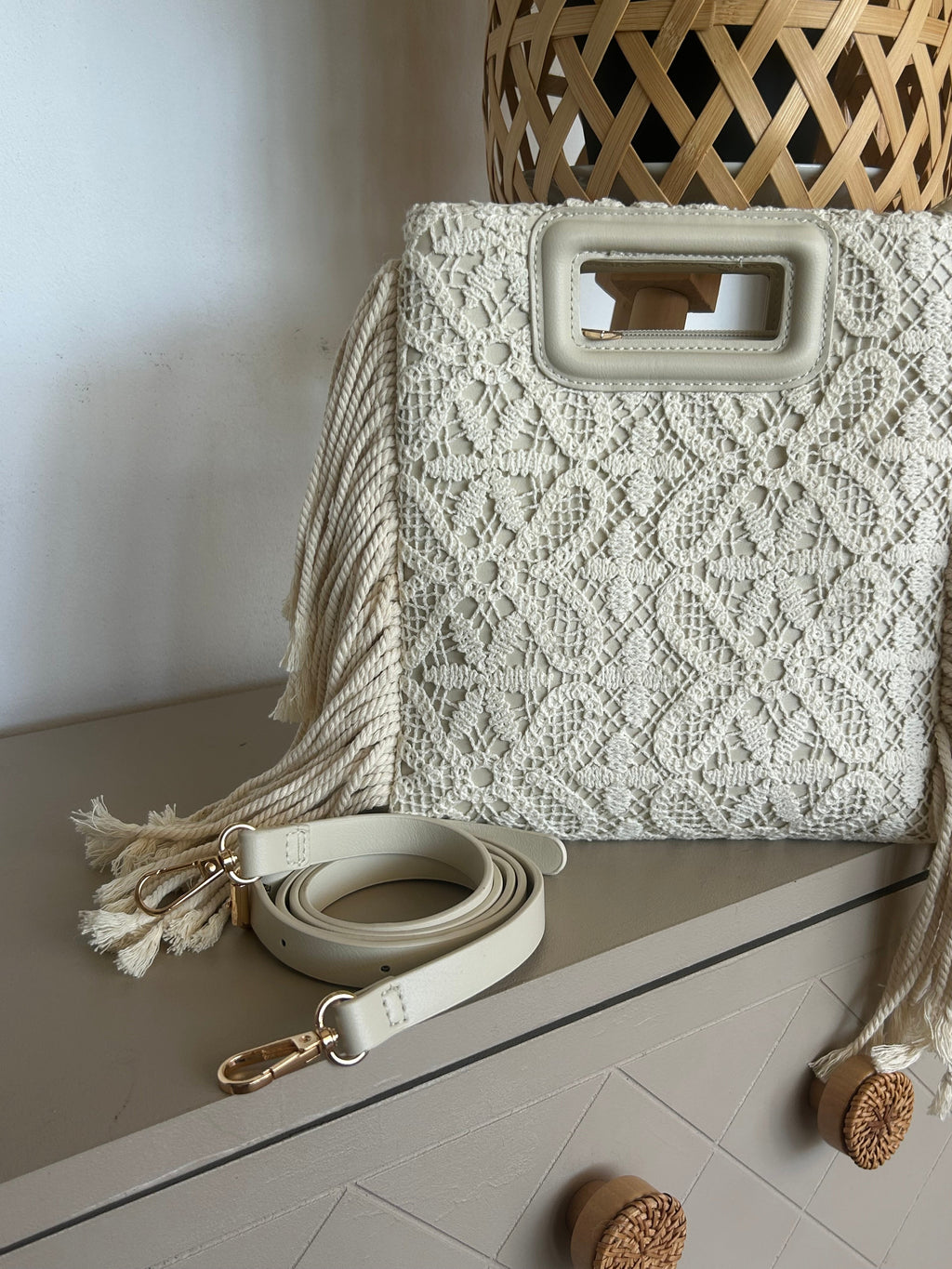 Sac Bohème Crochet Ivoire à Franges Bandoulière Détachable — Ibiza Lunea