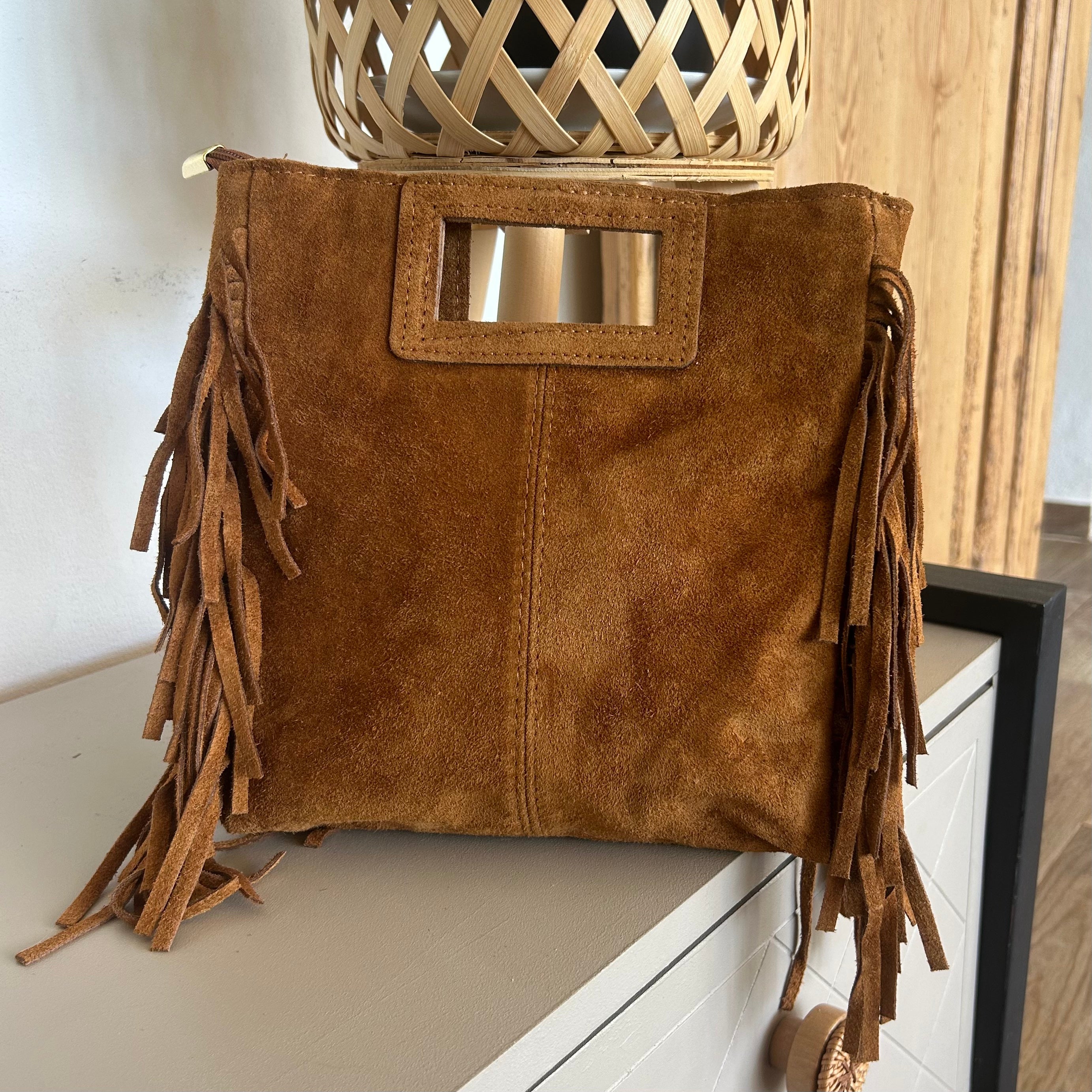 Sac Bohème Daim Véritable à Franges Camel — Horizon Lunea