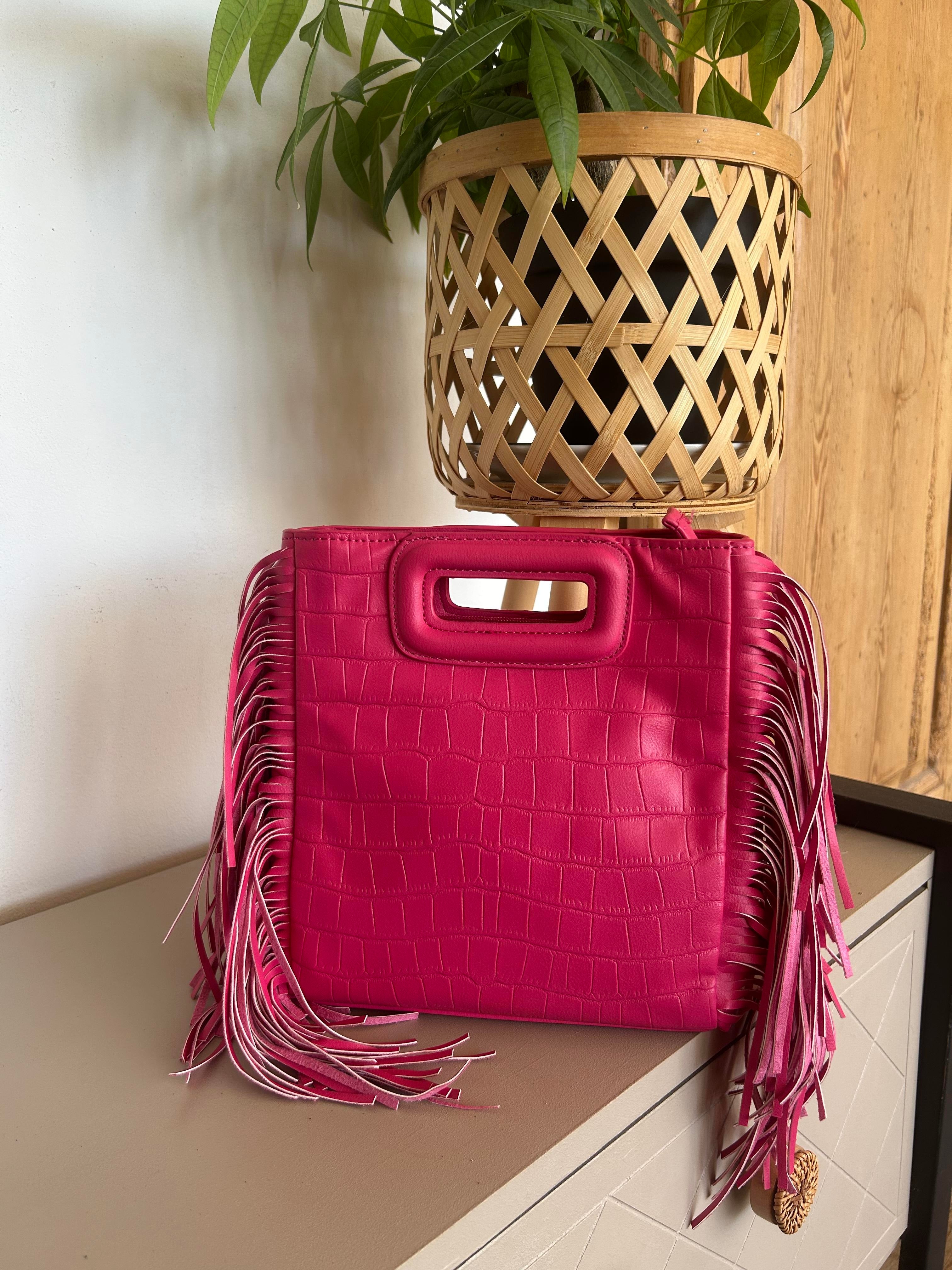 Sac Bohème à Franges Rose Vif Effet Croco — Rosalia Lunea