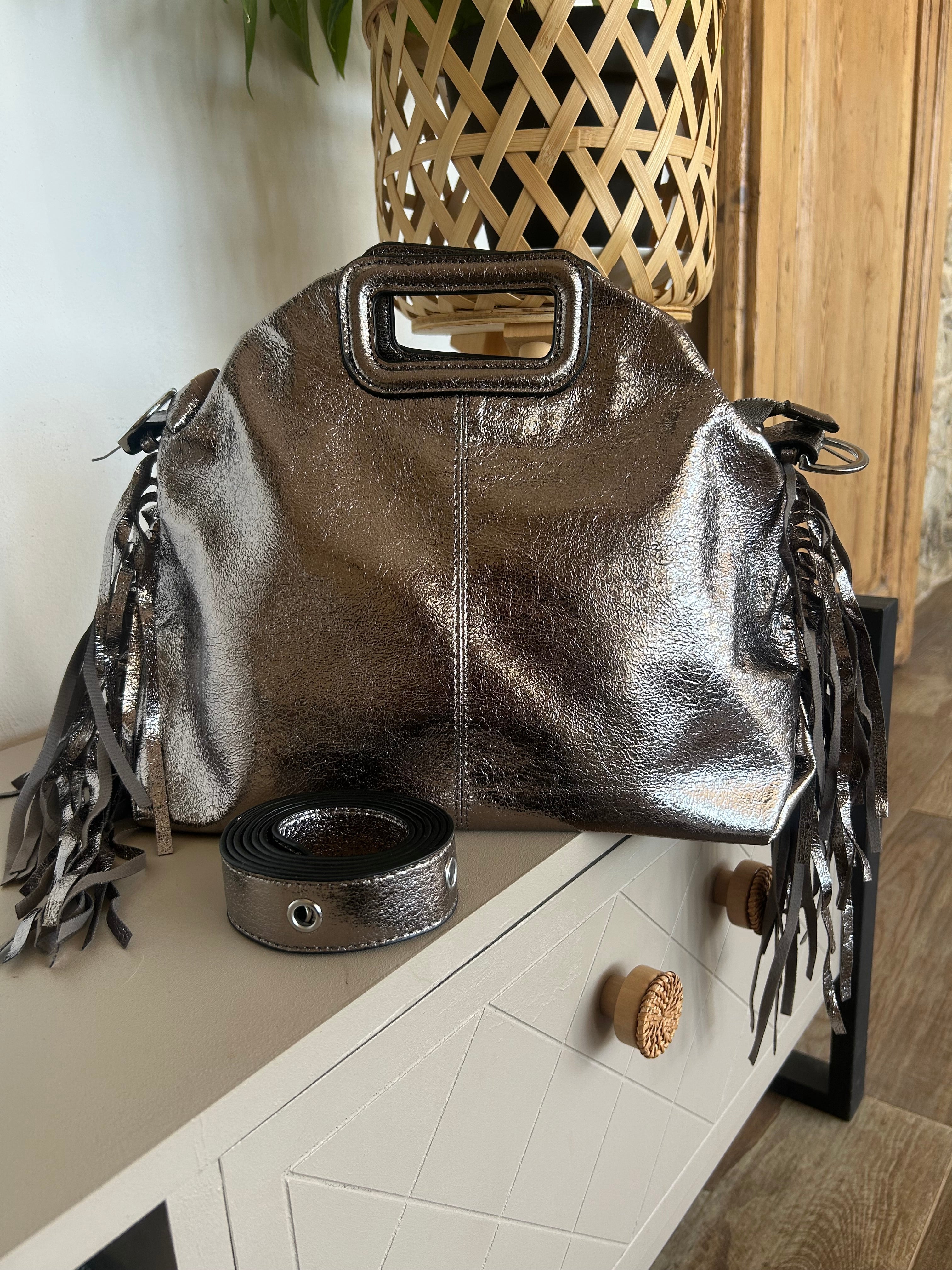 Sac Bohème à Franges Cuir Véritable Argenté — ELORA Lunea