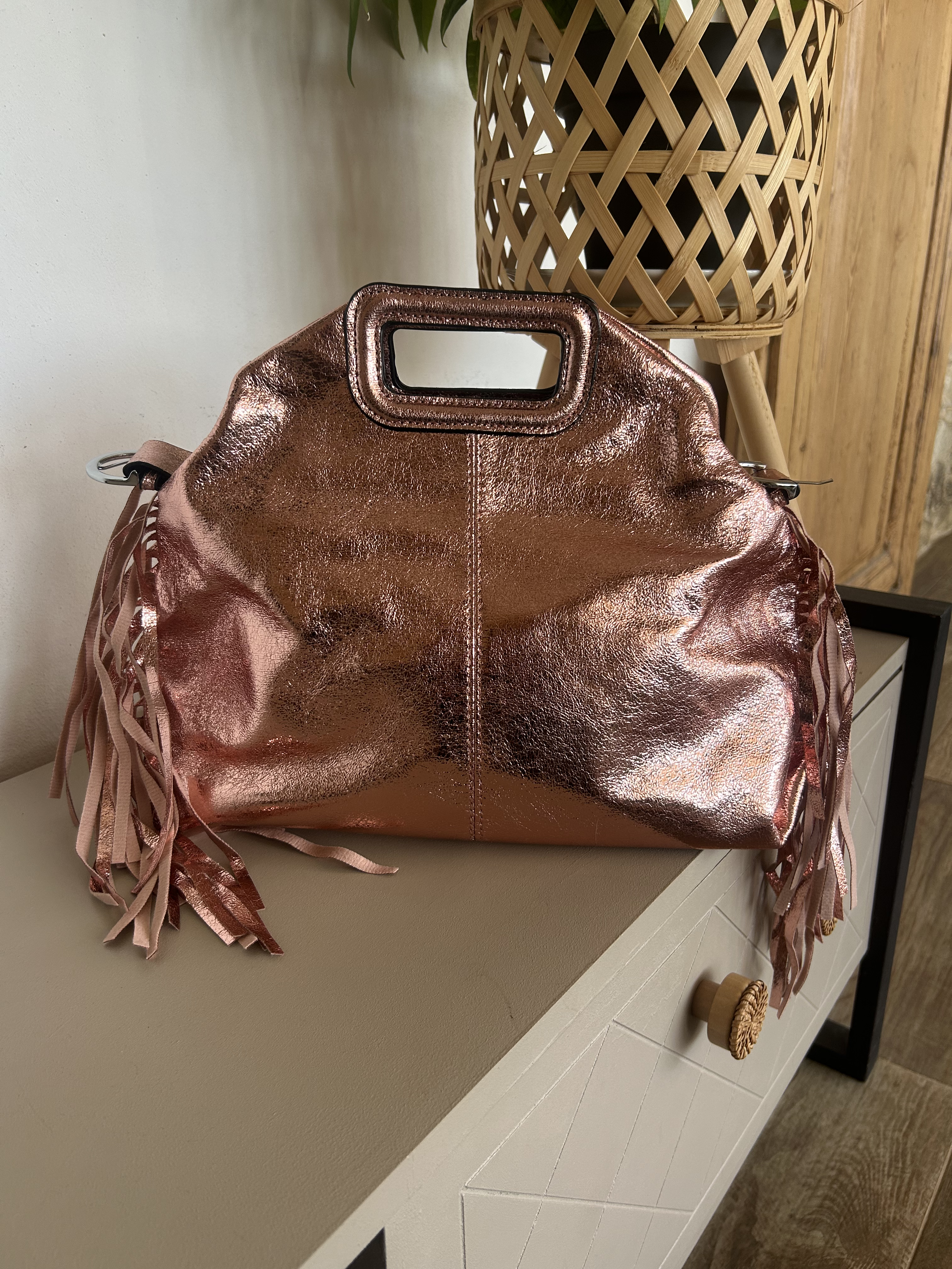 Sac Bohème à Franges Cuir Véritable Rose Bronze — ELORA Lunea