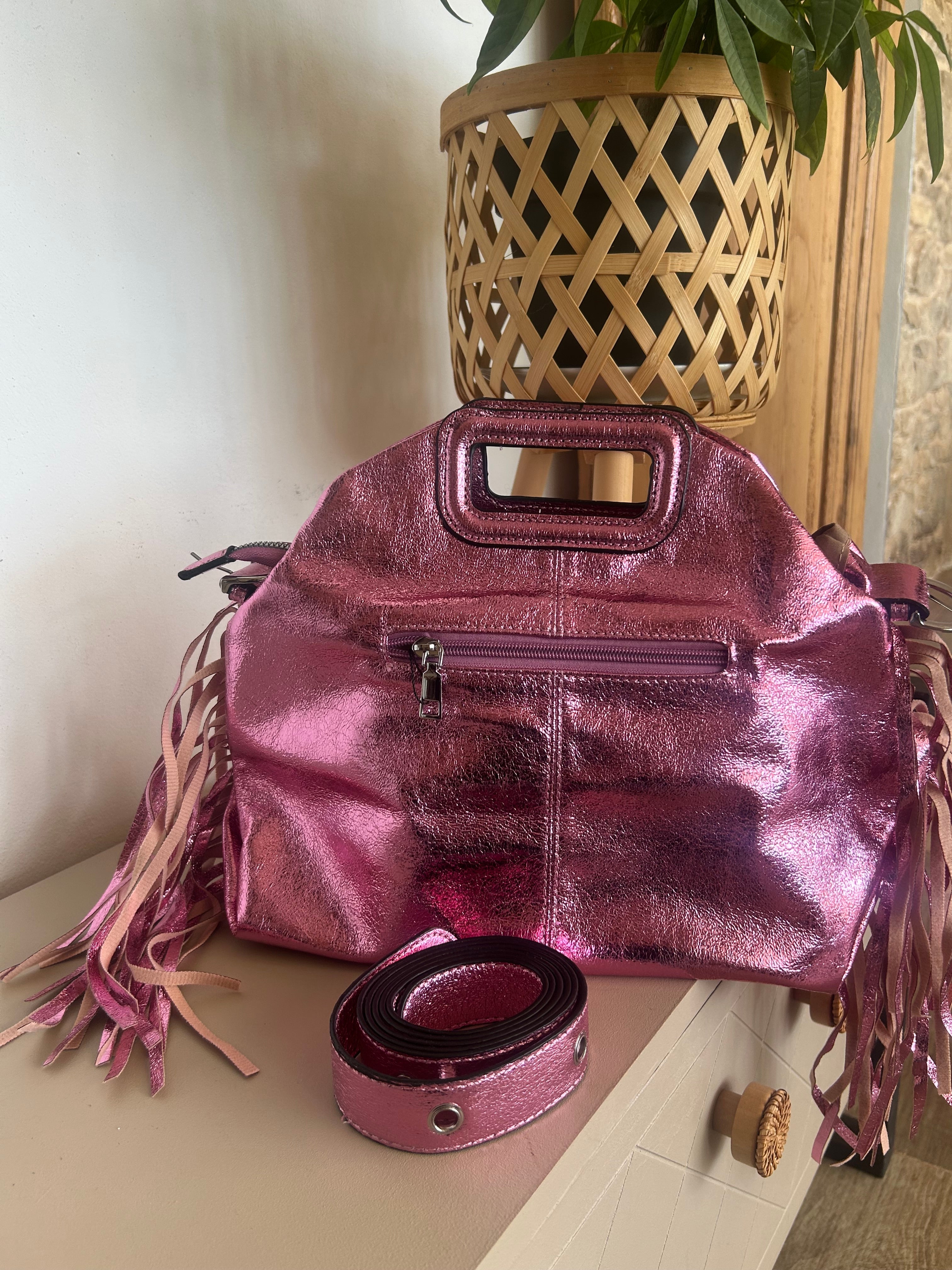 Sac Bohème à Franges Cuir Véritable Rose — ELORA Lunea