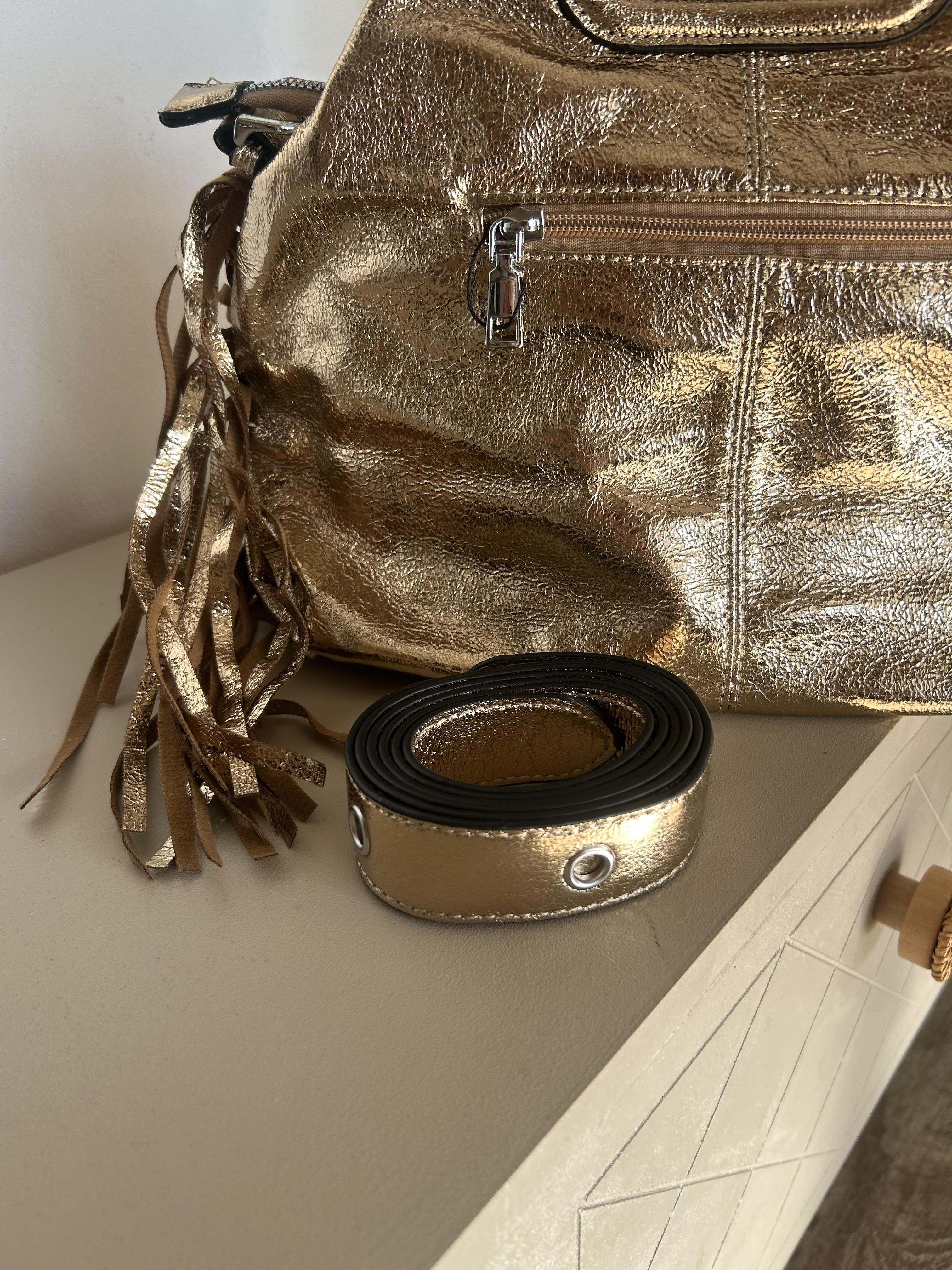 Sac Bohème à Franges Cuir Véritable Doré — ELORA Lunea