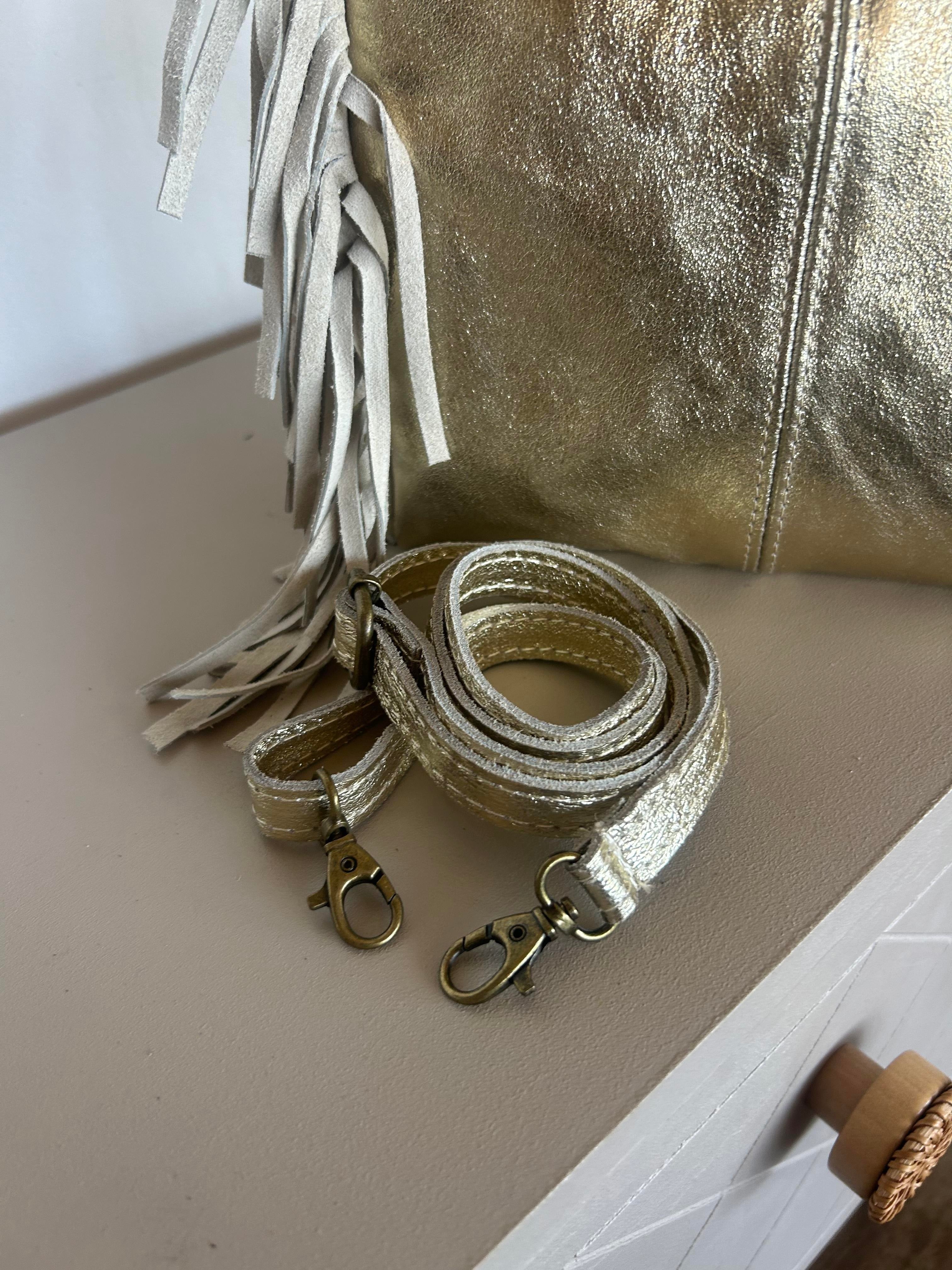 Sac Bohème à Franges Cuir Véritable Doré Irisé — LUNEA