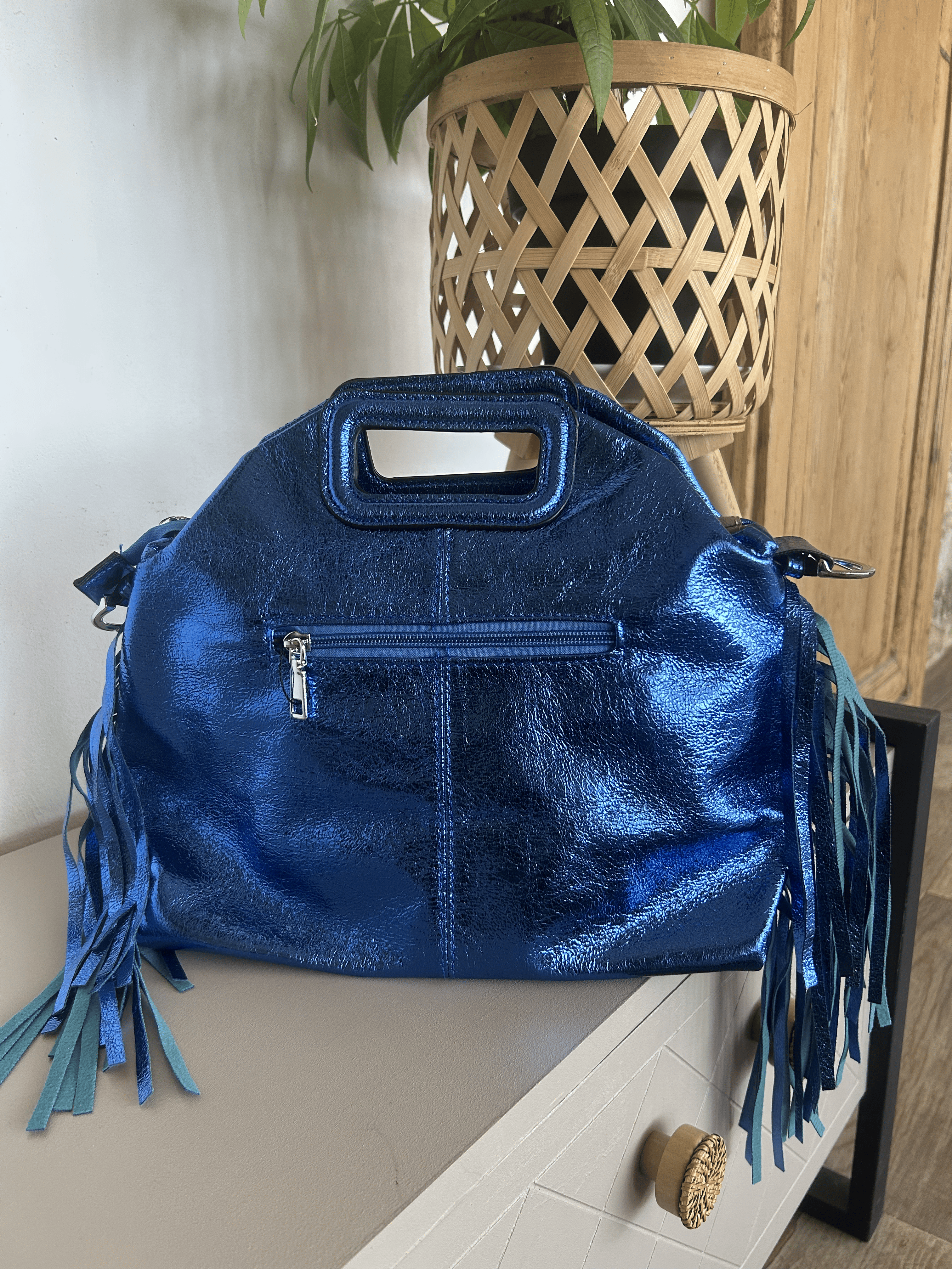 Sac Bohème à Franges Cuir Véritable Bleu — ELORA Lunea