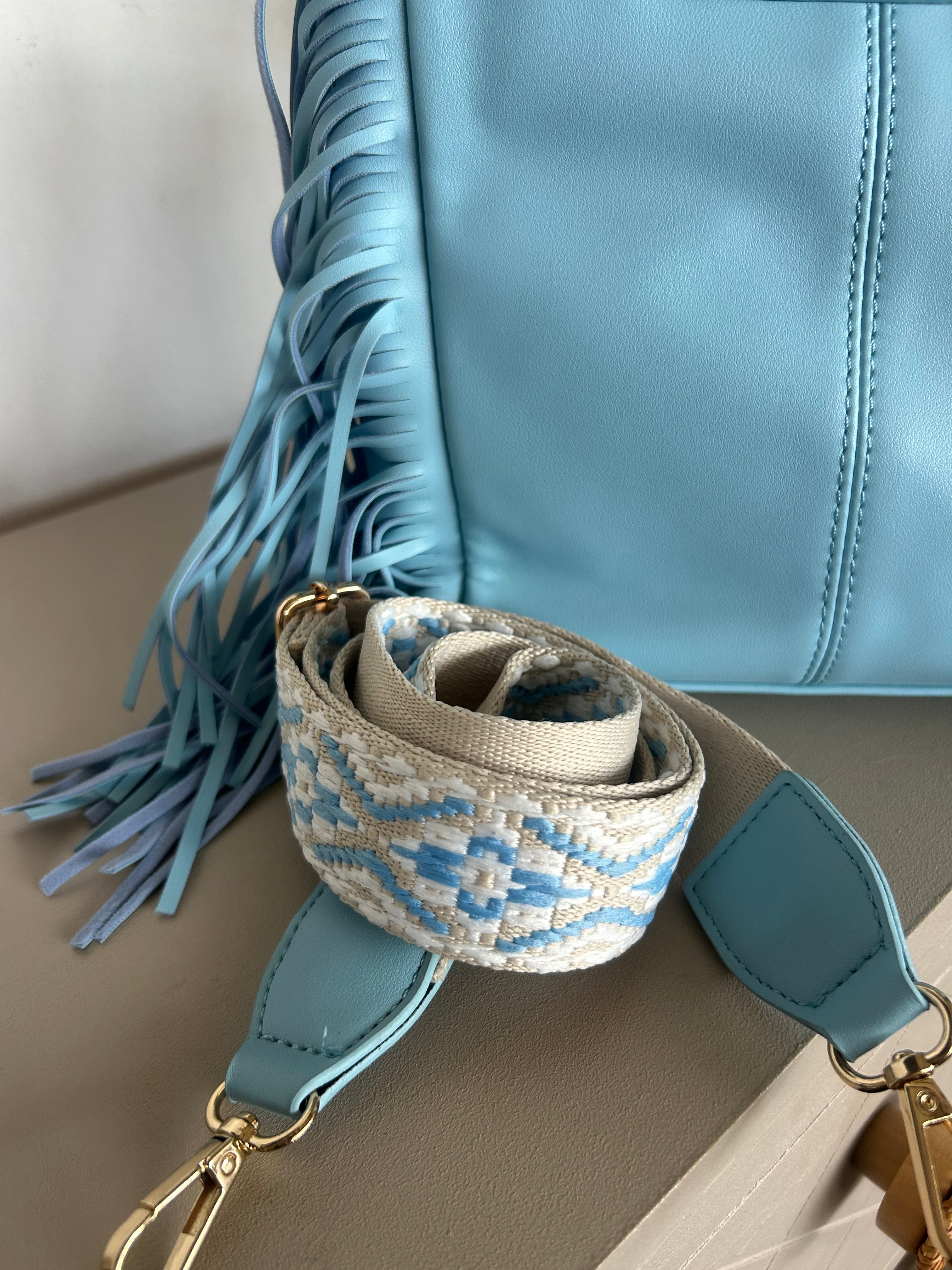 Sac Bohème Bandoulière Ethnique à Franges Bleu Ciel — Nomad Lunea