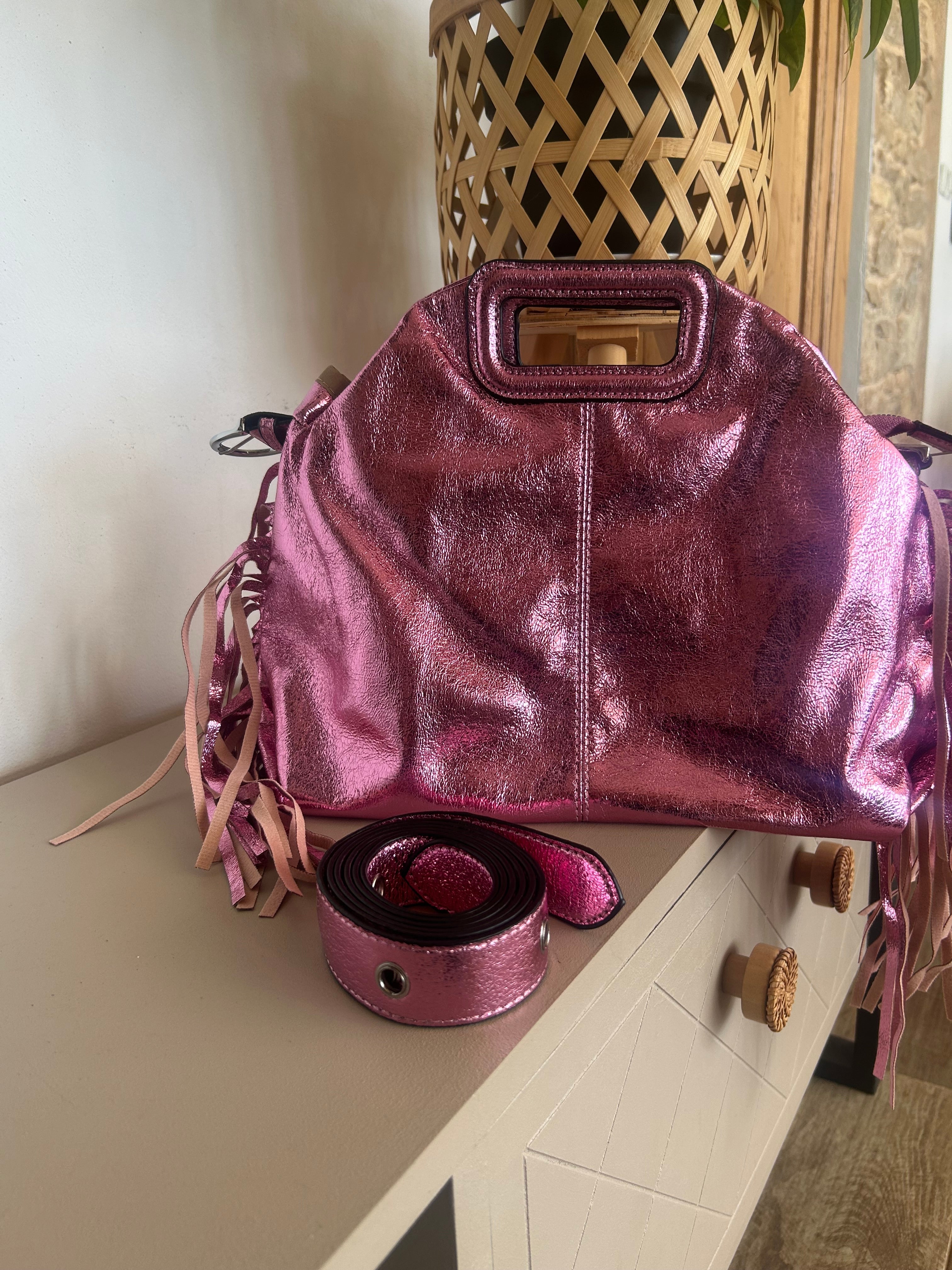 Sac Bohème à Franges Cuir Véritable Rose — ELORA Lunea