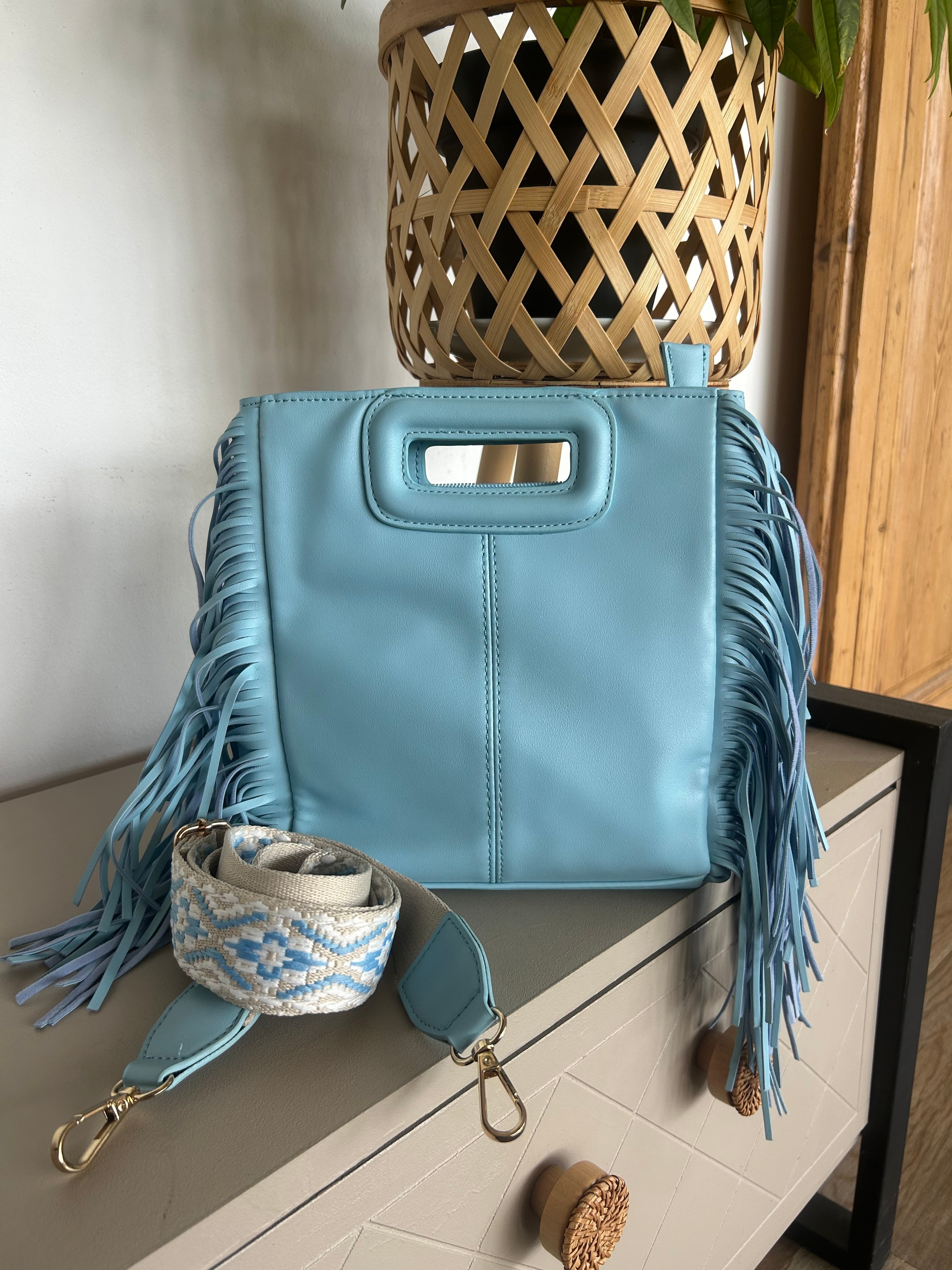 Sac Bohème Bandoulière Ethnique à Franges Bleu Ciel — Nomad Lunea