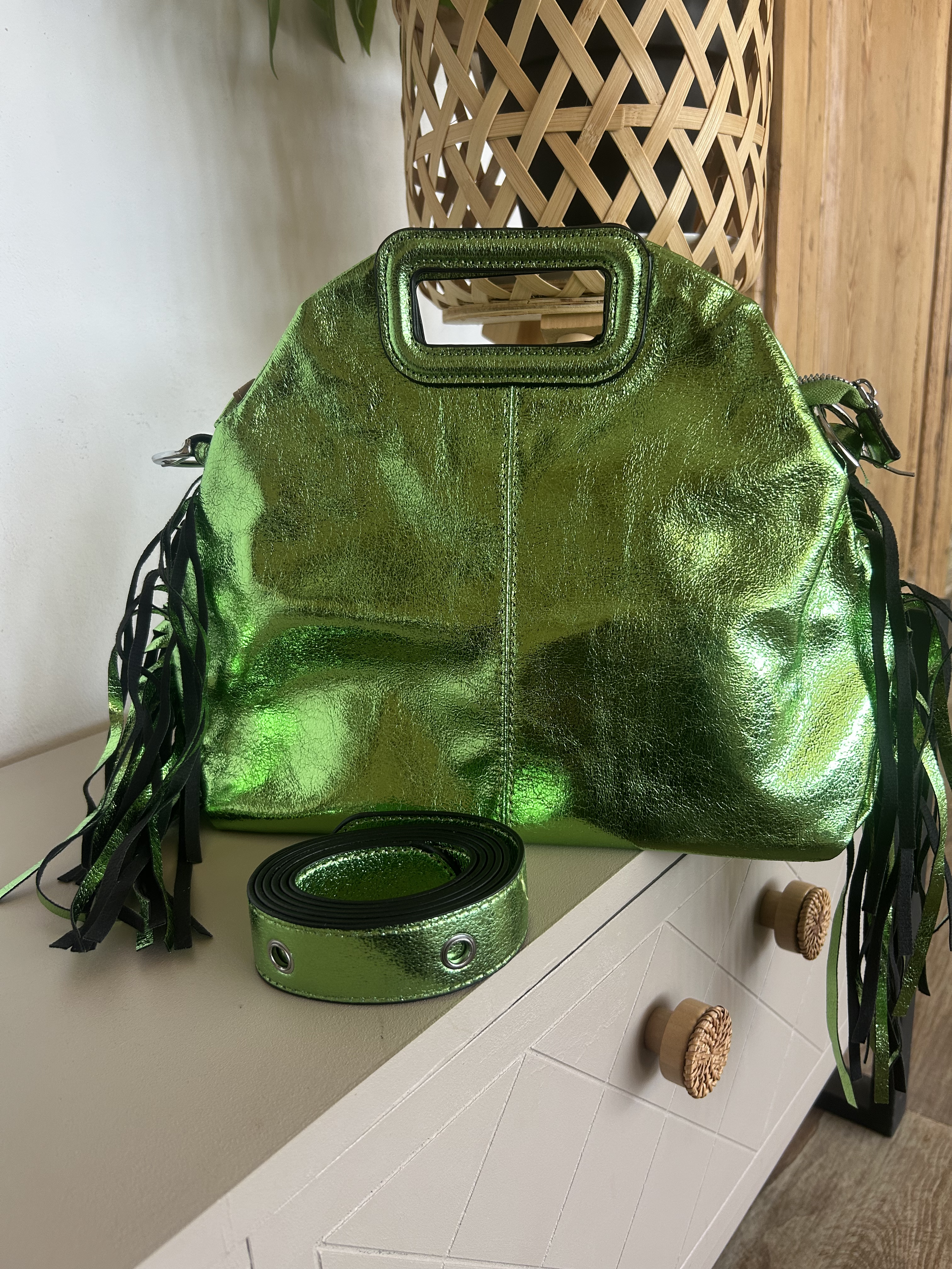 Sac Bohème à Franges Cuir Véritable Vert — ELORA Lunea