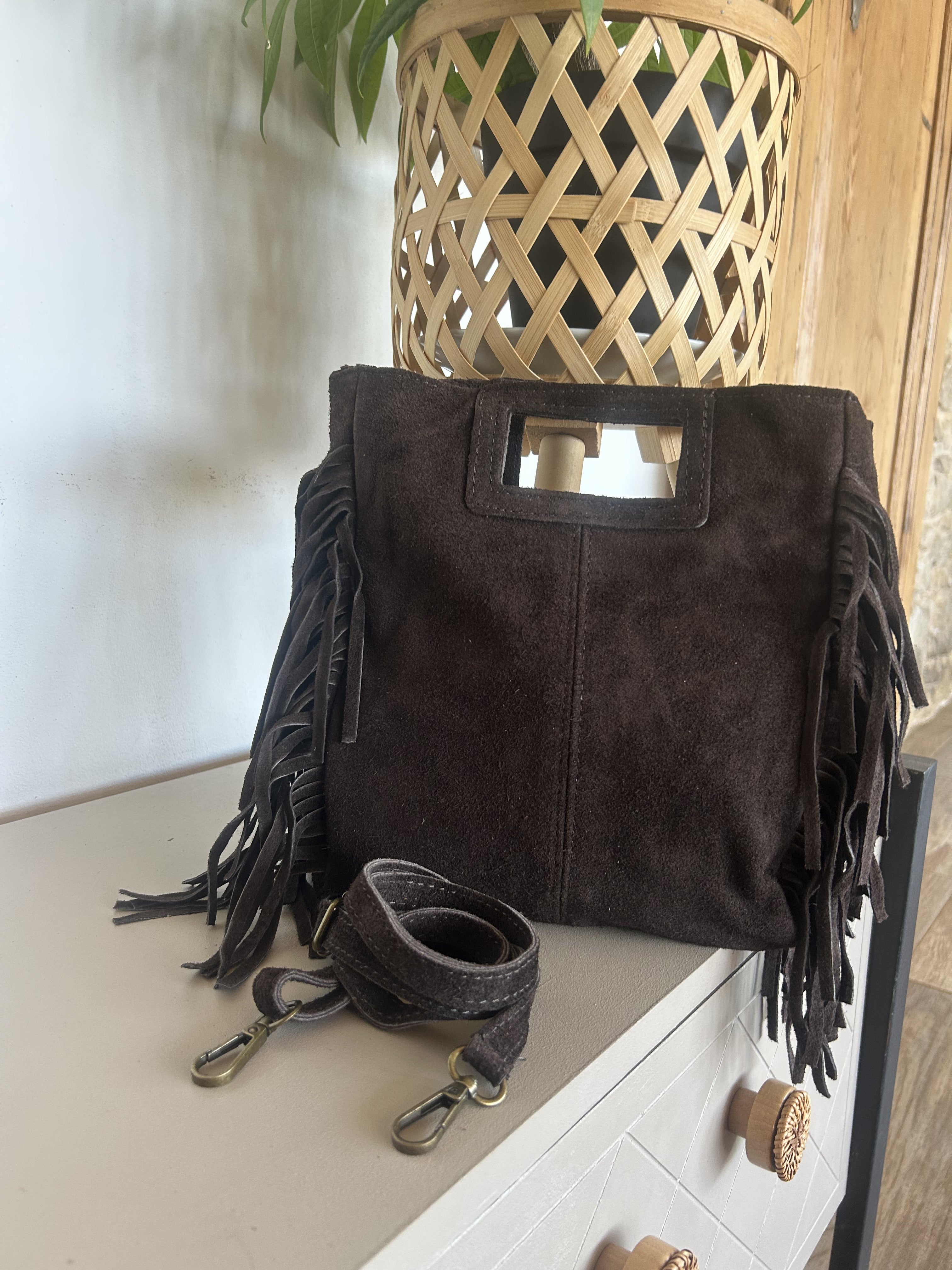 Sac Bohème Daim Véritable à Franges Chocolat — Lunea