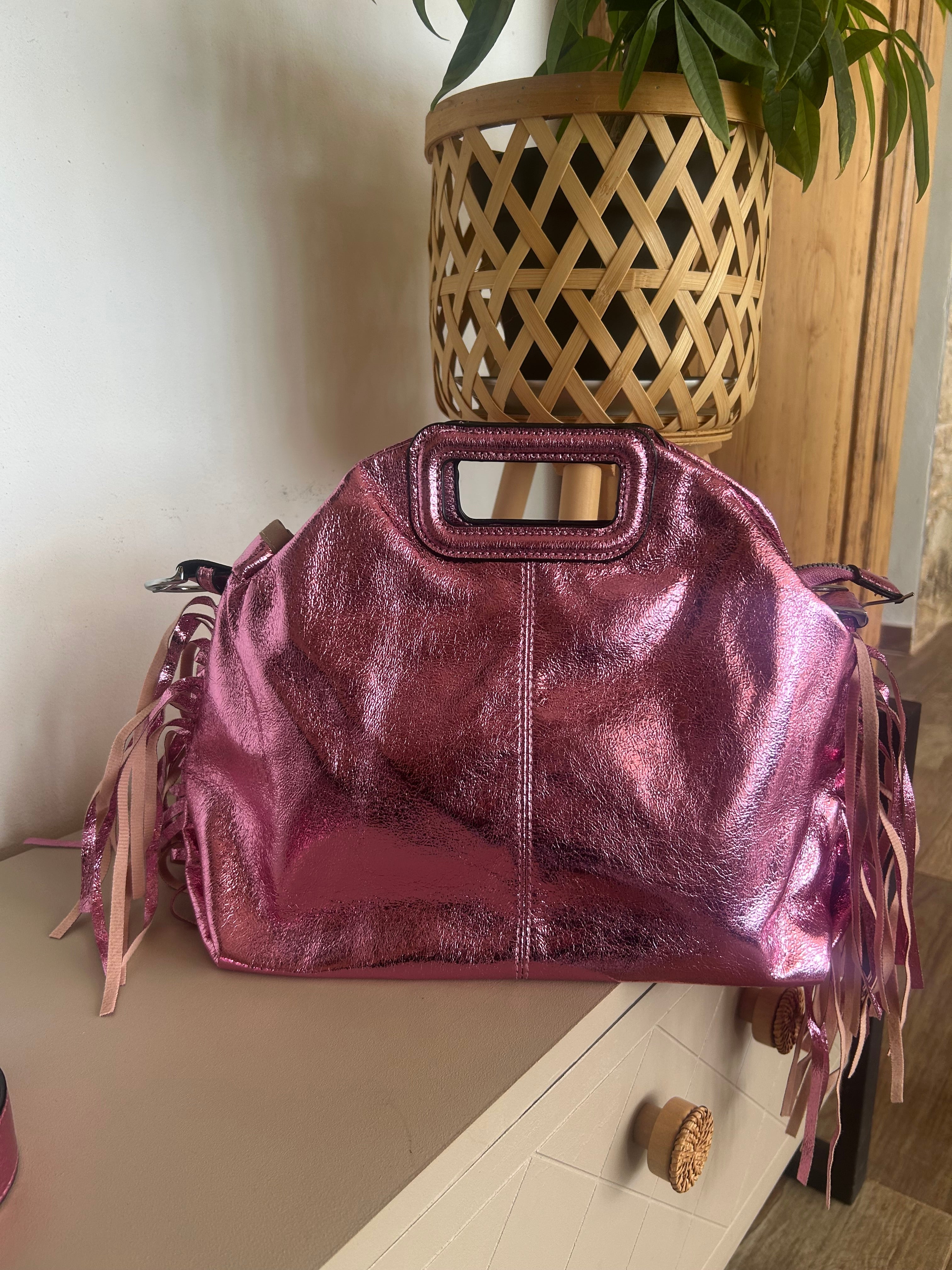 Sac Bohème à Franges Cuir Véritable Rose — ELORA Lunea