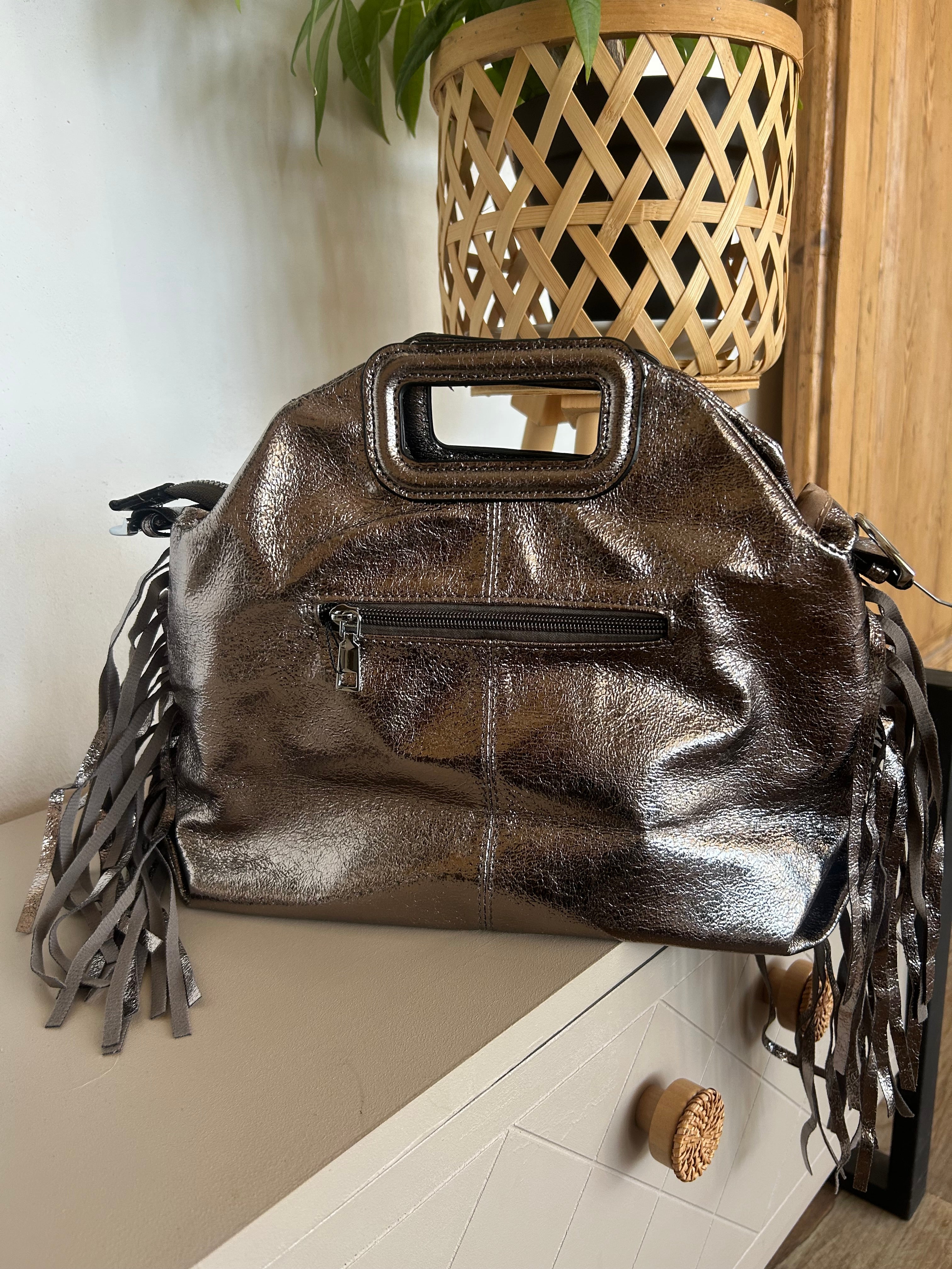 Sac Bohème à Franges Cuir Véritable Argenté — ELORA Lunea