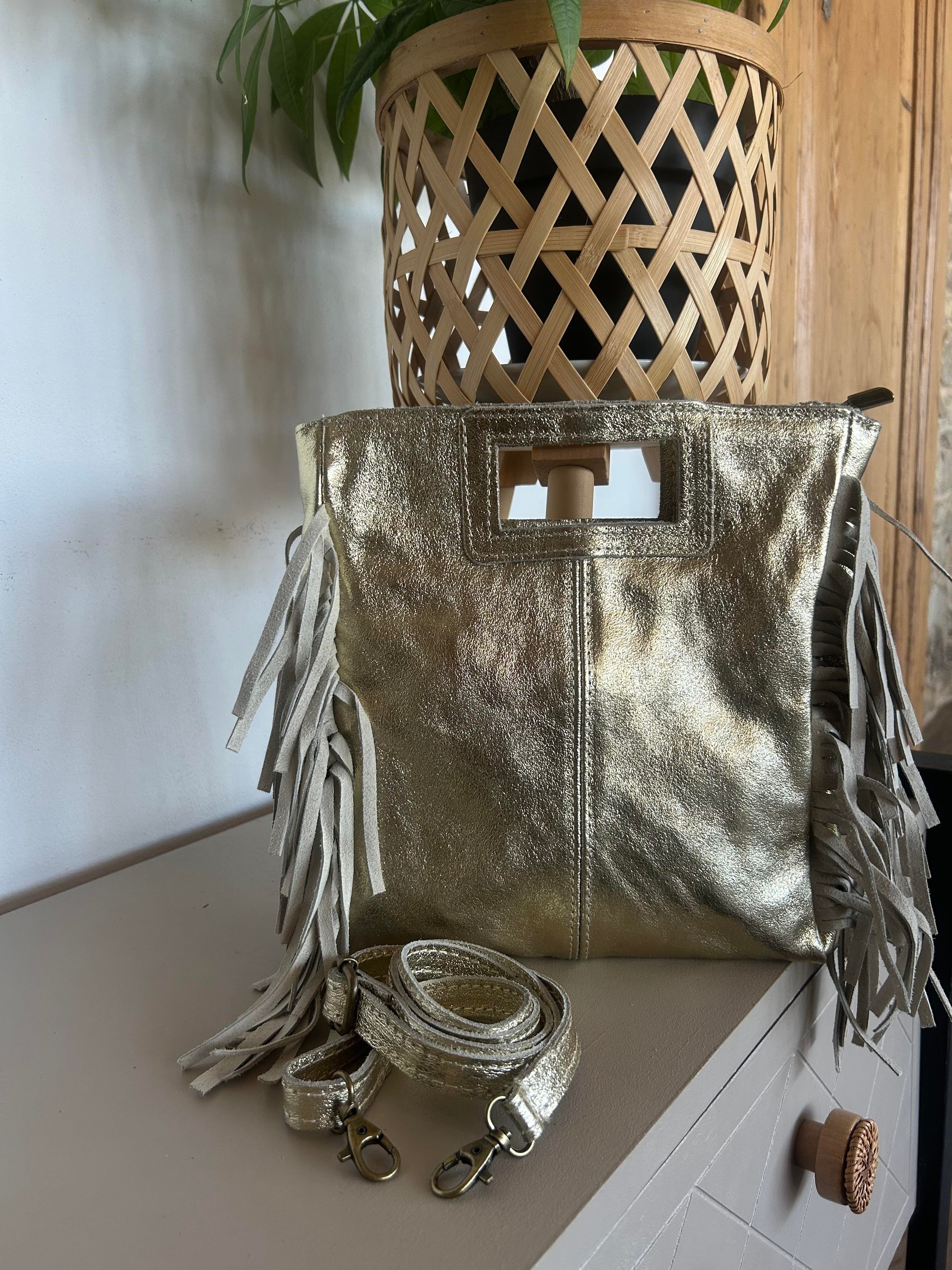 Sac Bohème à Franges Cuir Véritable Doré Irisé — LUNEA