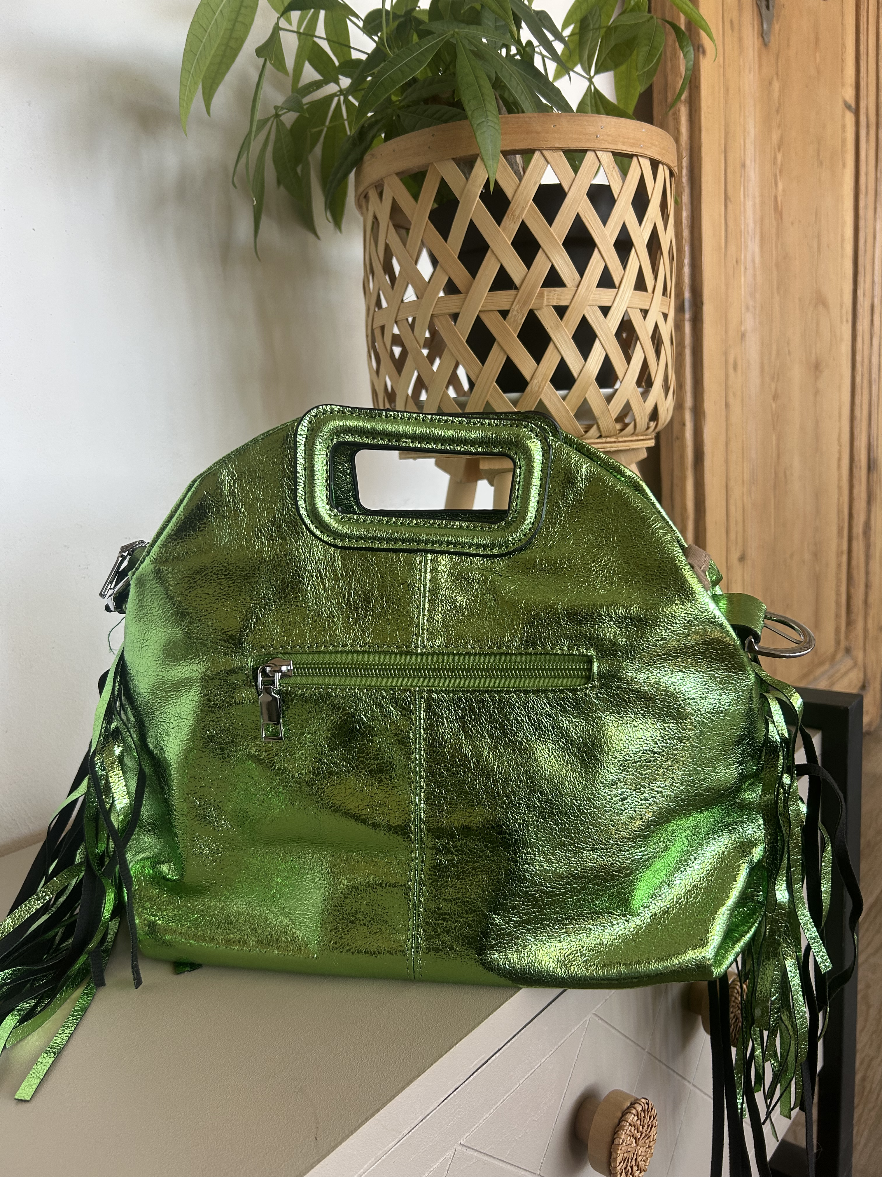 Sac Bohème à Franges Cuir Véritable Vert — ELORA Lunea