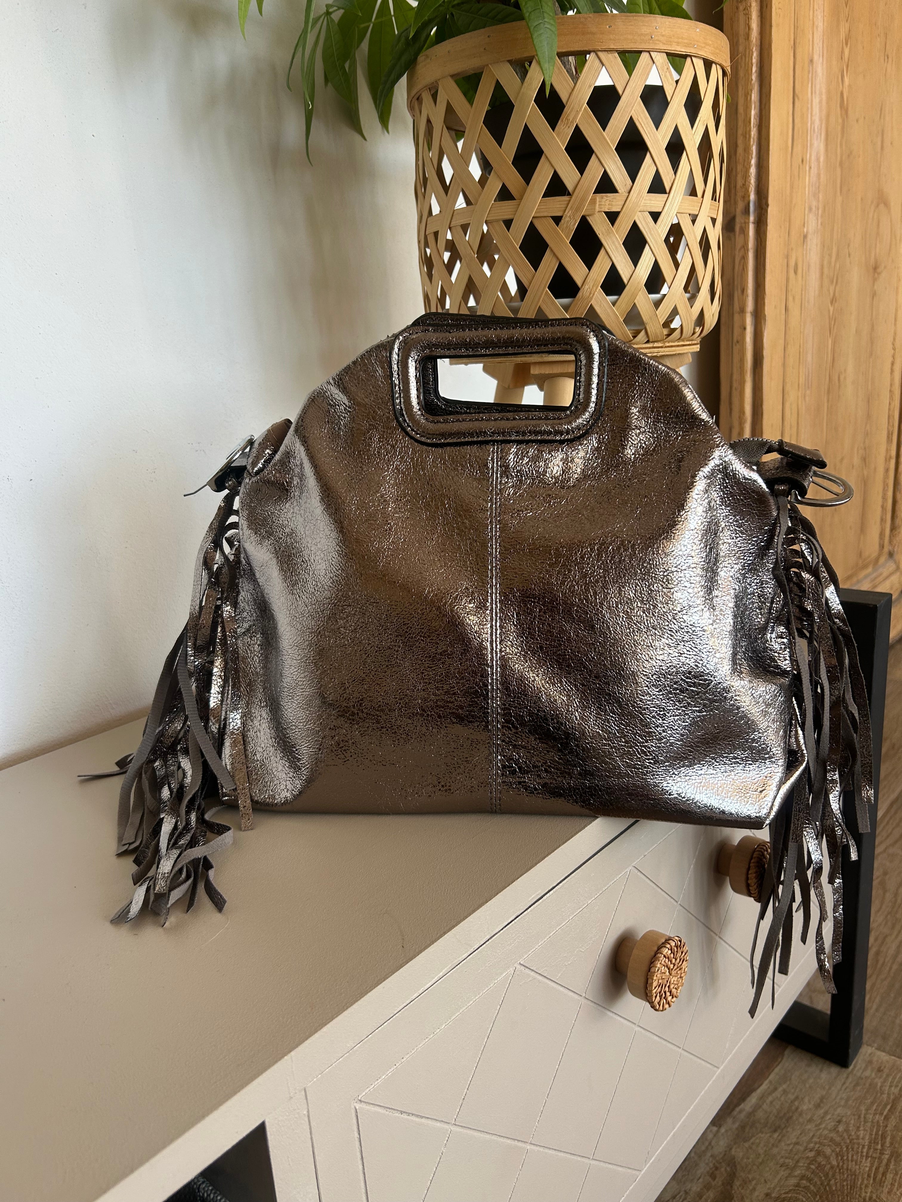 Sac Bohème à Franges Cuir Véritable Argenté — ELORA Lunea