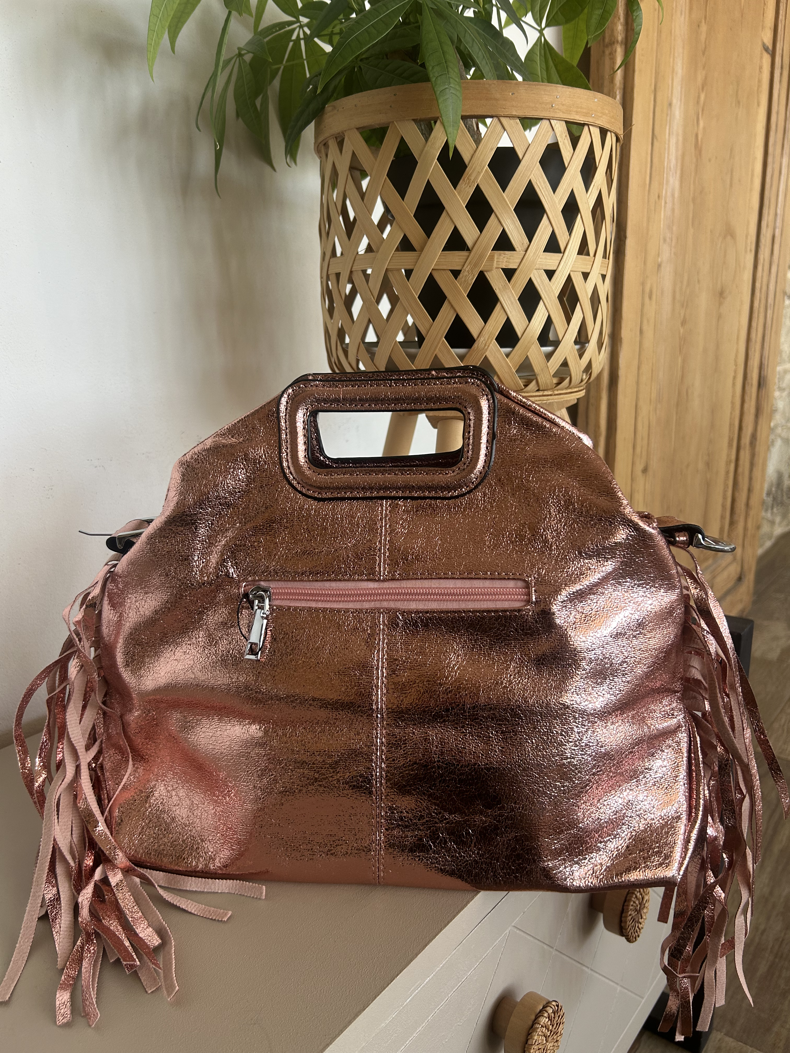 Sac Bohème à Franges Cuir Véritable Rose Bronze — ELORA Lunea