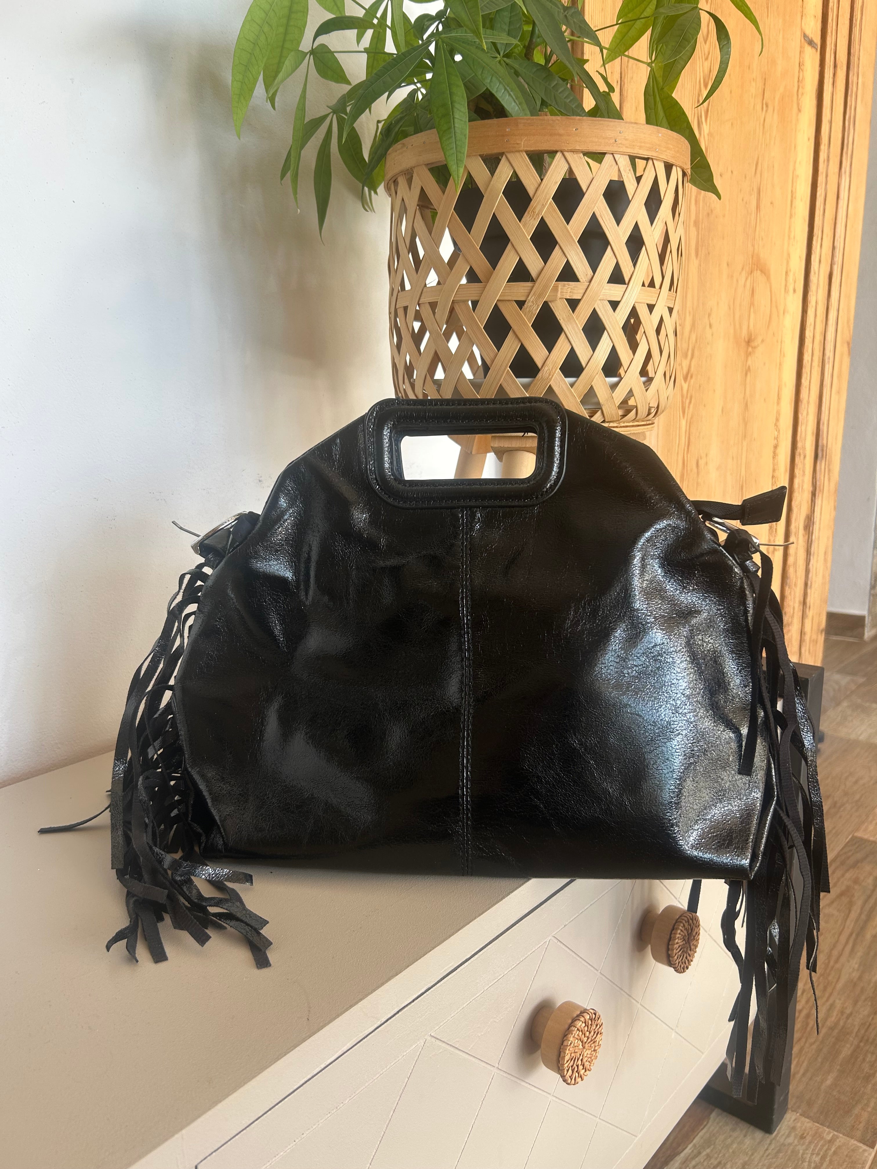 Sac Bohème à Franges Cuir Véritable Noir — ELORA Lunea