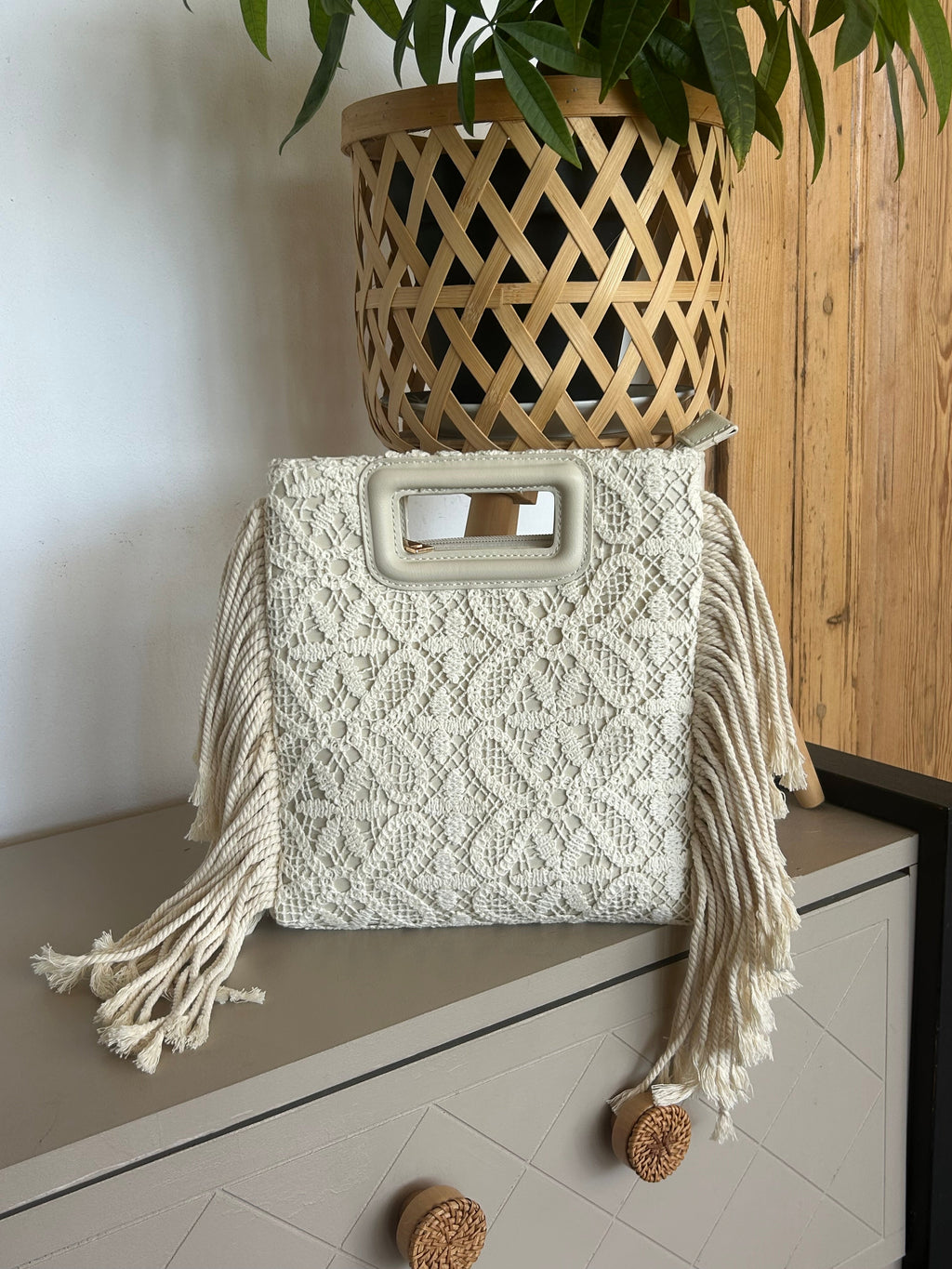 Sac Bohème Crochet Ivoire à Franges Bandoulière Détachable — Ibiza Lunea