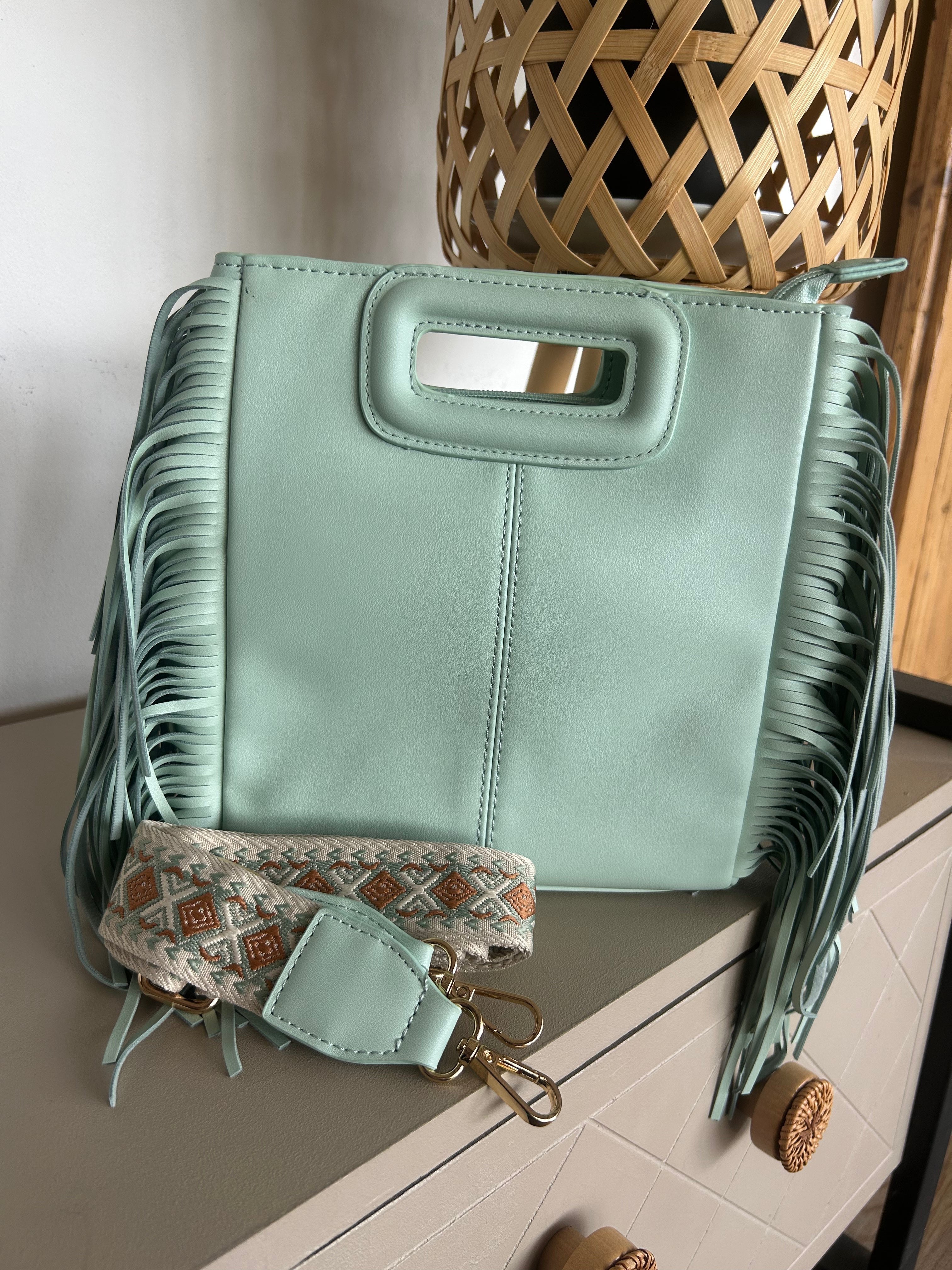 Sac Bohème Bandoulière Ethnique à Franges Vert Émeraude — Nomad Lunea